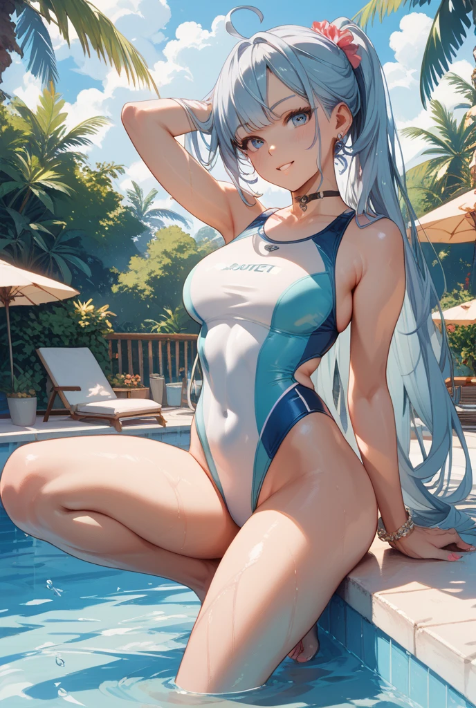Anime Kawaii ???? Perfect Slim sensual body large ?????? and huge thighs, An intricate and highly detailed illustration of anime (Young girl  (cute), ((sexly)), ((Very detailed)), 4K, (8k), Highest quality,Cowboy Shot,???? woman, One Woman,Very ?????????????,((Light blue hair color)),((Blue eyes)),(High Ponytail),((Embarrassing)),(((High leg competitive swimsuit))),Ultra-glossy body,Poolside