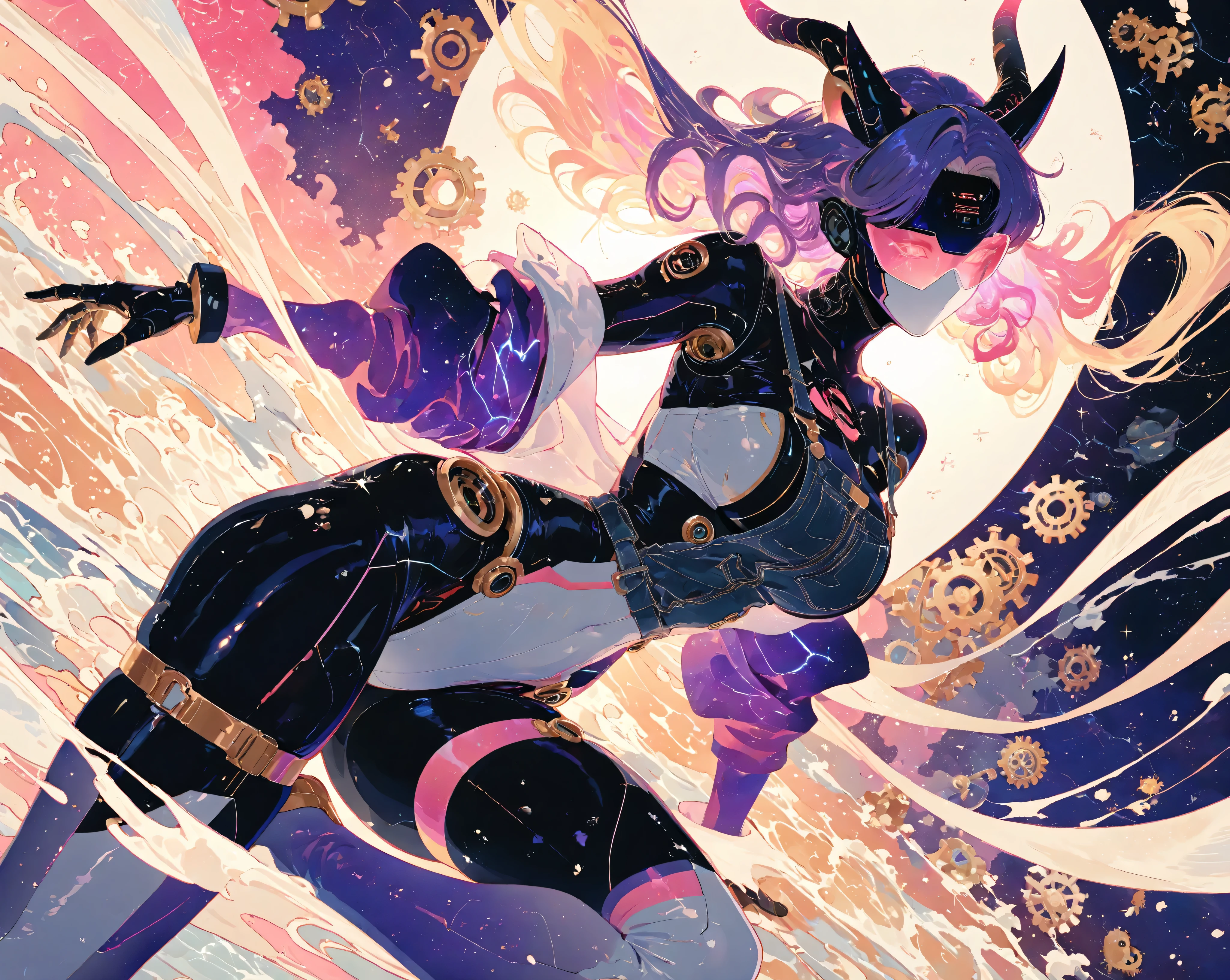 (best quality, highres), detailed close-up of a futuristic female robot with gears exposed on her tight thigh-length suit, featuring horns. The robot is floating in mid-air against a backdrop of swirling interstellar nebulas and pulsating waves of stardust. The overall artwork is done in a celestial style, radiating vibrant colors and ethereal lighting.