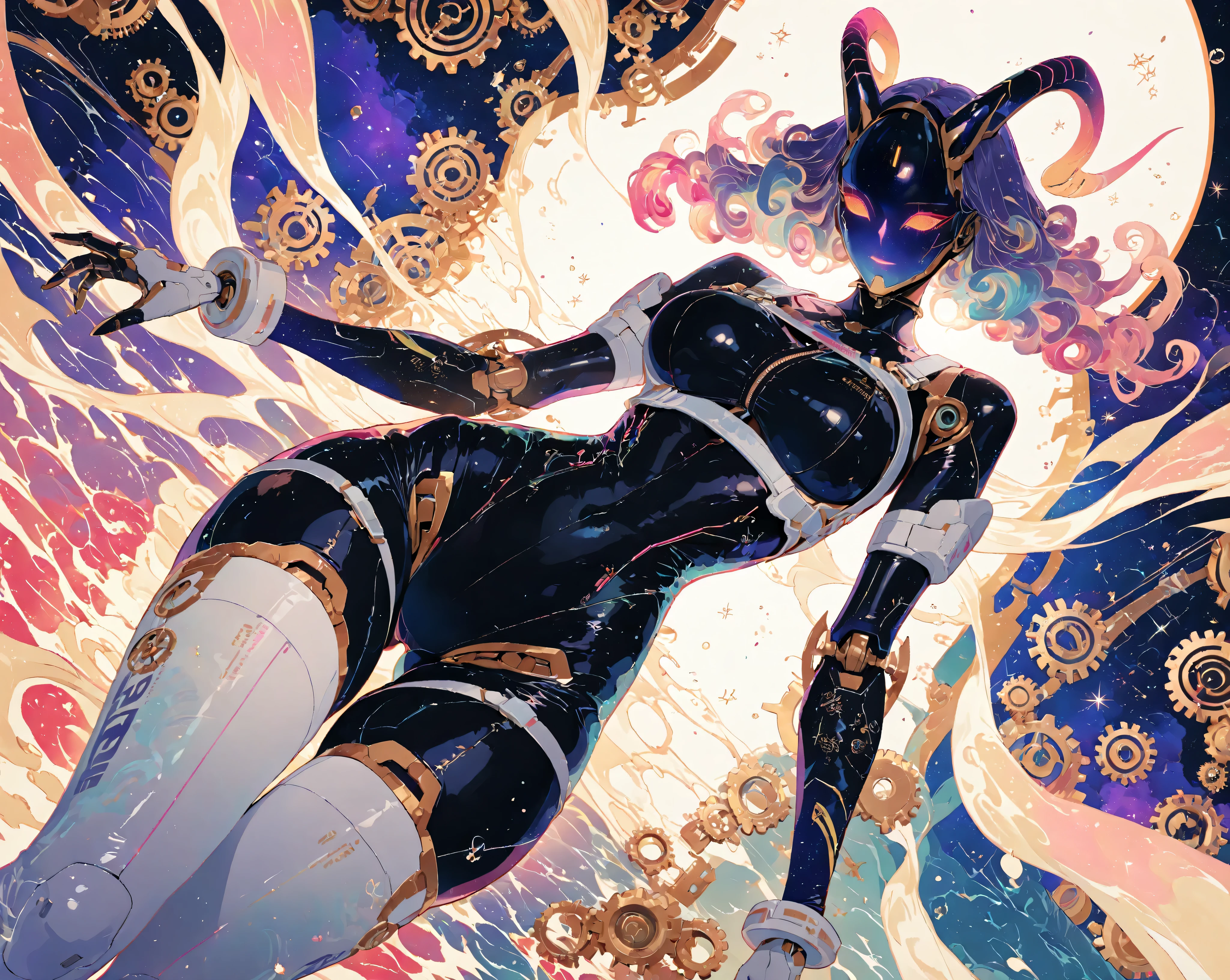 (best quality, highres), detailed close-up of a futuristic female robot with gears exposed on her tight thigh-length suit, featuring horns. The robot is floating in mid-air against a backdrop of swirling interstellar nebulas and pulsating waves of stardust. The overall artwork is done in a celestial style, radiating vibrant colors and ethereal lighting.