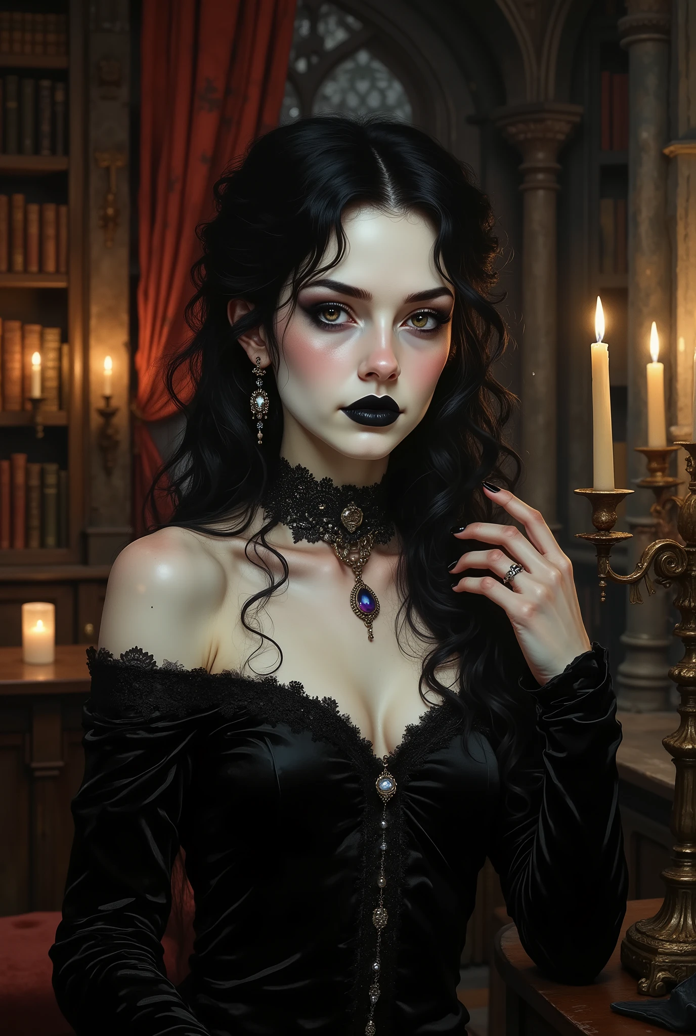 a shoulder-up gothic woman on the right side of a 16:9 frame, pale skin and long black curls cascading over one shoulder, black lace choker with a gemstone, dramatic dark lipstick and smoky eyeshadow, wearing an off-shoulder velvet gown, background on the left side shows a candlelit gothic library with tall shelves, dusty red curtains, and glowing candle sconces flickering in the shadows goth woman, gothic library, velvet elegance, dark makeup, candle glow, moody contrast, medieval luxury, off-center composition