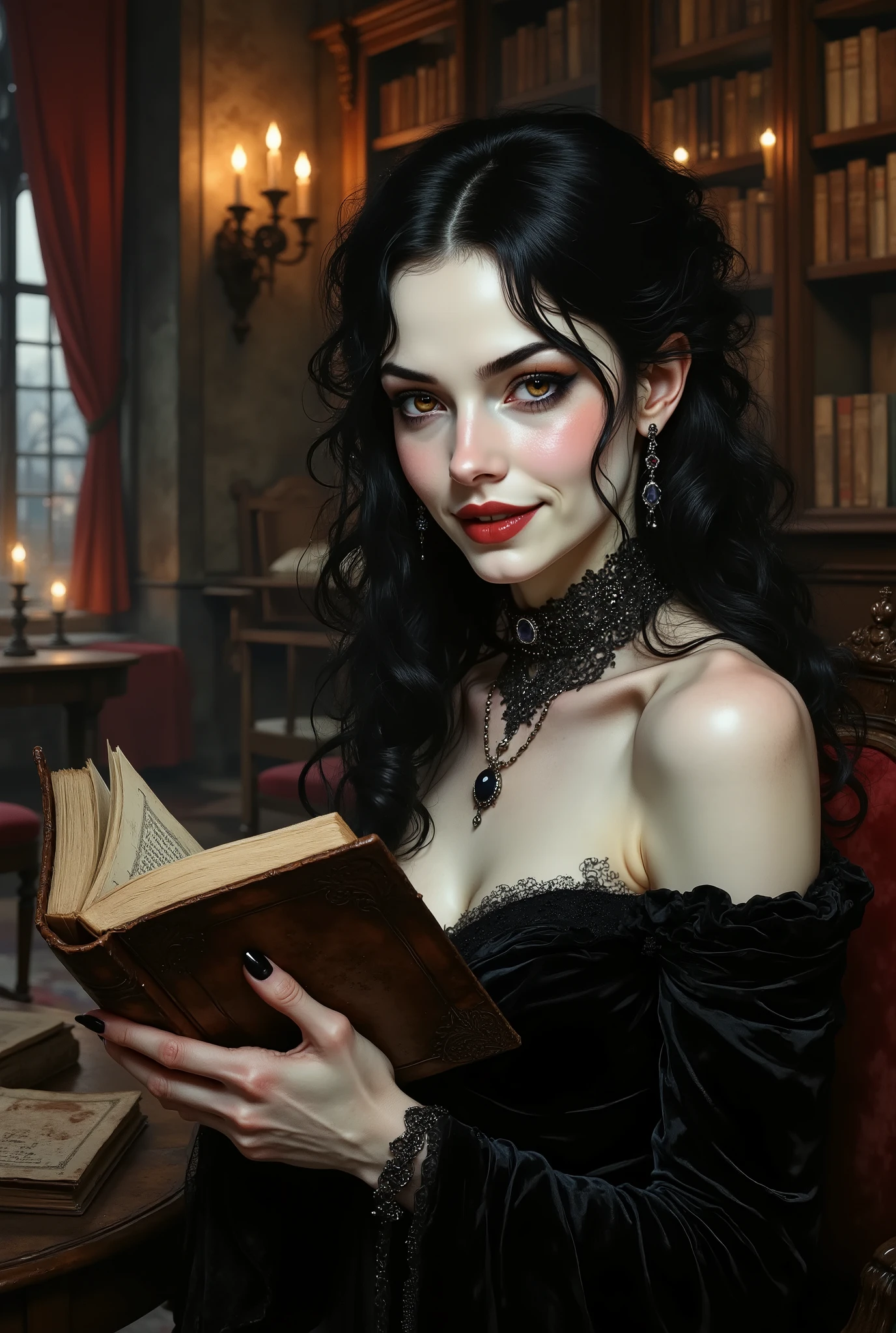 A gothic woman positioned on the right side of a 16:9 frame, her pale face turned slightly towards the viewer with a mysterious, knowing smile and a piercing gaze. Her long black curls cascade over one shoulder. She is wearing a black lace choker with a dark gemstone and an off-shoulder velvet gown. With both elegant hands, she gently holds an ancient, leather-bound book open in front of her, as if caught in a moment of reading a dark secret. The background on the left reveals a candlelit gothic library with tall shelves, dusty red curtains, and flickering candle sconces casting a dramatic, moody glow across the scene. goth woman, gothic library, velvet elegance, dark makeup, candle glow, moody contrast, medieval luxury, off-center composition, expressive hands, mysterious smile.