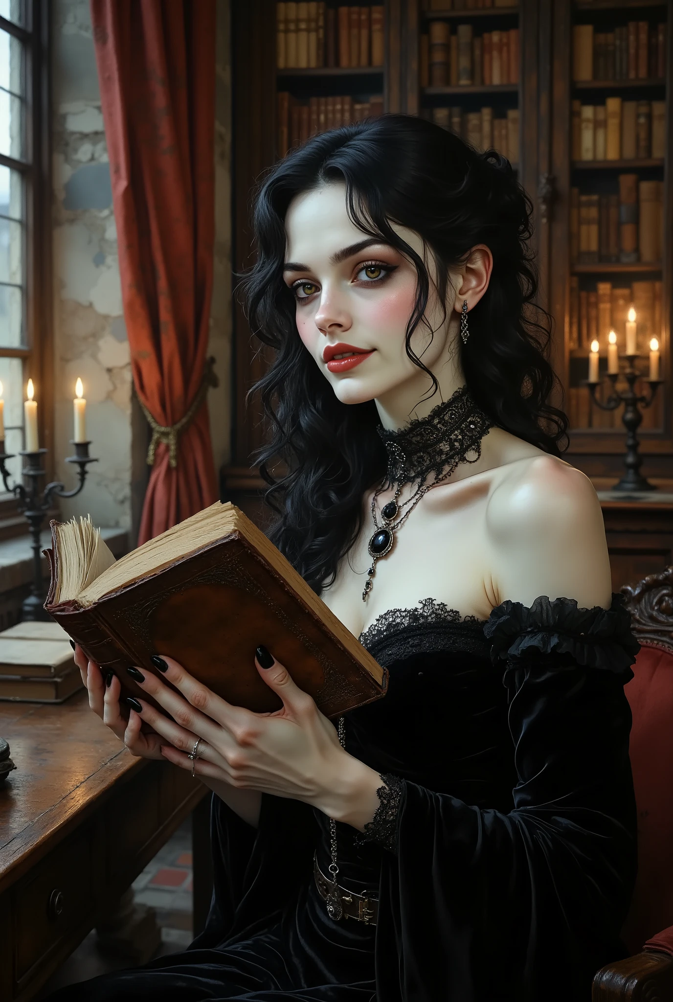 A gothic woman positioned on the right side of a 16:9 frame, her pale face turned slightly towards the viewer with a mysterious, knowing smile and a piercing gaze. Her long black curls cascade over one shoulder. She is wearing a black lace choker with a dark gemstone and an off-shoulder velvet gown. With both elegant hands, she gently holds an ancient, leather-bound book open in front of her, as if caught in a moment of reading a dark secret. The background on the left reveals a candlelit gothic library with tall shelves, dusty red curtains, and flickering candle sconces casting a dramatic, moody glow across the scene. goth woman, gothic library, velvet elegance, dark makeup, candle glow, moody contrast, medieval luxury, off-center composition, expressive hands, mysterious smile.