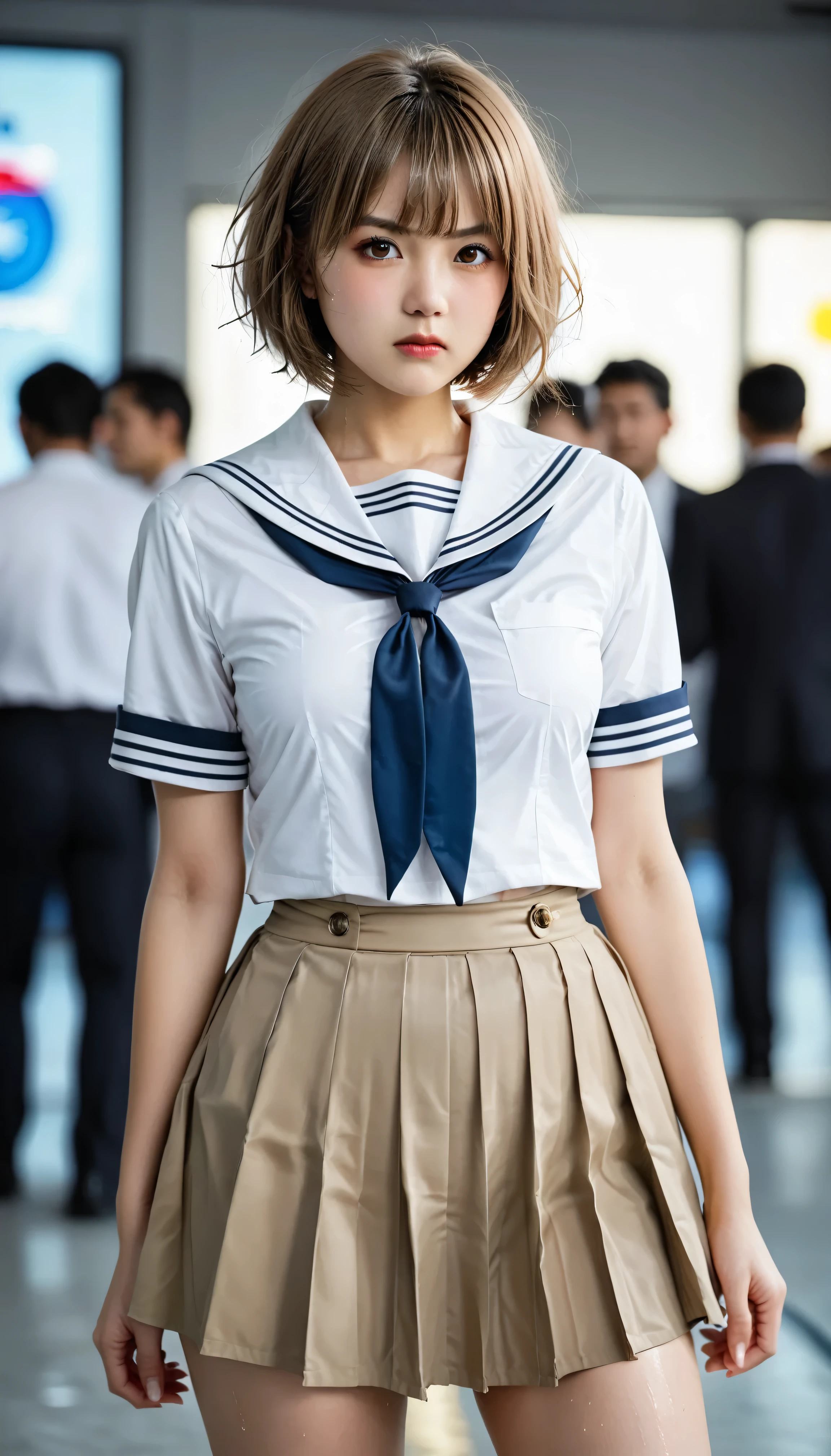 score_9,score_8_up,score_7_up,16K, highres, high-resolution, super-resolution ,masterpiece , best quality,high quality, detailed, ultra detailed,hyper detailed,insanely detailed ,natural lighting,exquisite , beautiful,high resolution,realistic,beautiful young woman, perfect facial symmetry, golden ratio face, sparkling large eyes, small cute nose, plump lips, oval face shape, detailed skin texture,woman,日本人女性,(light brown short hair:1.6), (bob hair:1.6), (傑作),(最高品質:1.2),(非常に詳細:1.2),(高解像度),(medium breasts:1.3),(brown eyes), 17 yo,
Natural, ultra high res, Super Detail, Detailed Skin, Sharp Focus, bokeh, glossy texture, depth of field, shiny hair, shiny skin BREAK
1 girl, japanese, Smooth skin, Without Makeup, glowing eyes BREAK
, ((bangs):1.3),
cutest Japanese cosplayer of the famous game character, masterpiece, ultra-HD, cinematic lighting, high detail, depth of field, (blurred background), (dramatic lighting), very aesthetic, detailed background, (standing with legs apart,dynamic pose),huge filesize,5 finger,(wet),(Messy Soaked hair)
BREAK
Japanese cosplayer,blush
BREAK
side bangs, amateur flash, spotlight, (angry:1.3), (perfect anatomy:1.2) BREAK
standing with legs apart,(school uniform, sailor suit, traditional Japanese style with navy blue and white colors, detailed ribbon and pleated skirt),