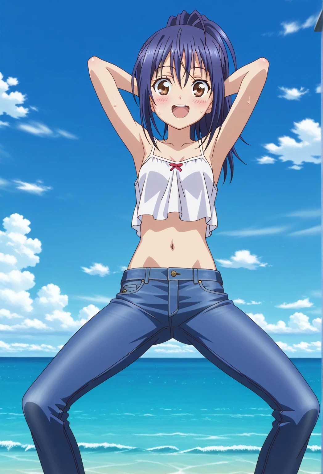 score_9, score_8_up, score_7_up, source_anime, highres, hi res, ((best quality, top quality, perfect quality, Highest Quality, amazing quality)), {{masterpiece}}, {{an extremely delicate and beautiful}}, 2d, intricate details, official style, anime, 8k, anime style, official_anime, official art, digital painting, cell shading, soft shading, high resolution, soothing tones, Subdued Color, Soft cinematic light, adobe lightroom, photolab, HDR, intricately and hyper-detailed, ((high quality animation)), 1 girl, Alone, solo, ((ocean)), tsunami, on the water, day, sunny, outdoors, sky, windy, mana takamiya, long hair, ponytail, hair between eyes, brown eyes, blue hair, sidelocks, anime screencap, small breasts, white camisole top, crop top, white crop top, best quality, hyper-detailed jeans, ((blue jeans:1.9)), (dark blue jeans:0.6), full medium body, medium shot, Open mouth, smiling, happy face, blush, sweat, standing, ((arms behind head:6.0)), bowlegged, sliding pose, action, looking at viewer, spread legs, Bend knees slightly, straight-on front view