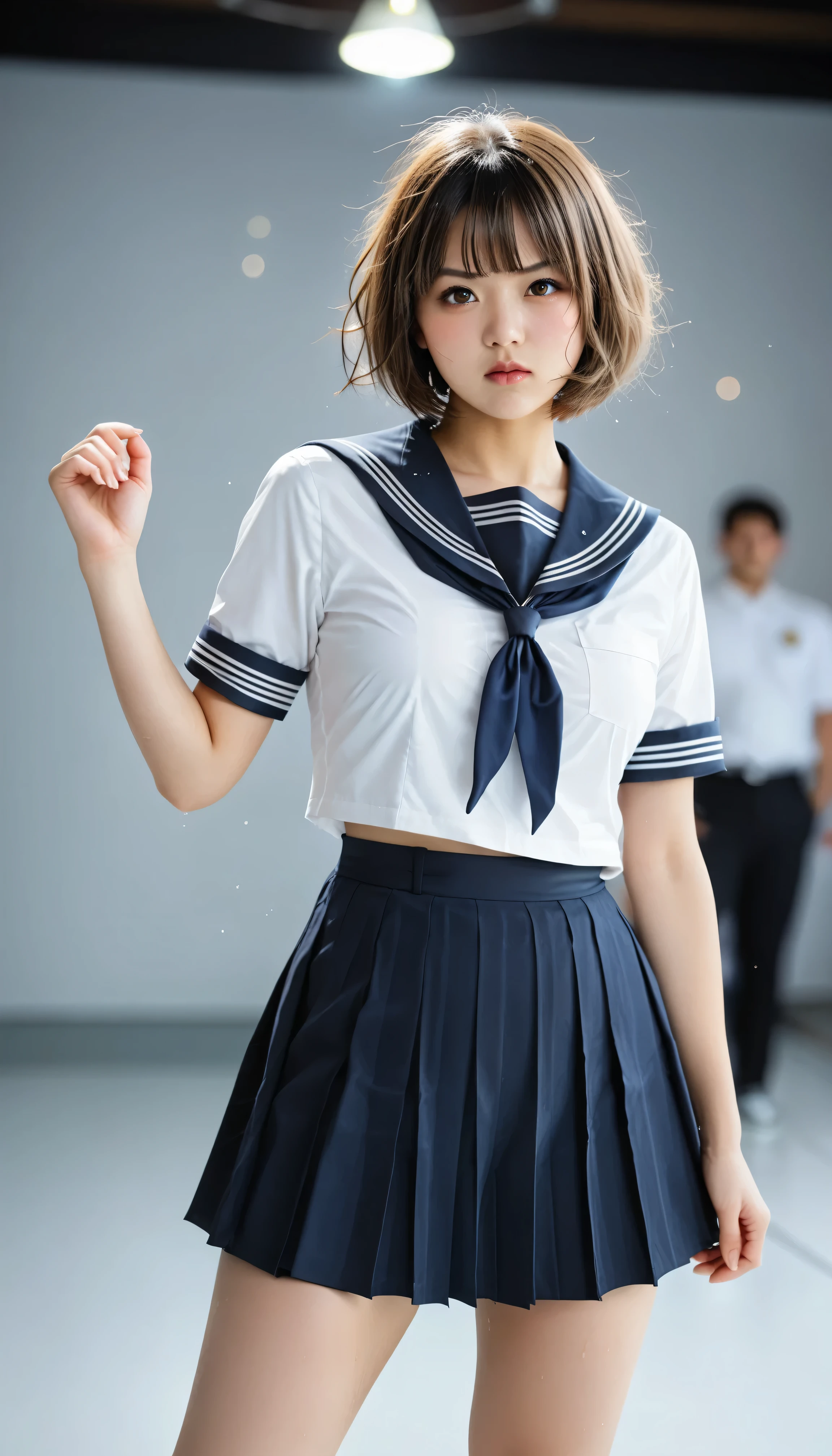 score_9,score_8_up,score_7_up,16K, highres, high-resolution, super-resolution ,masterpiece , best quality,high quality, detailed, ultra detailed,hyper detailed,insanely detailed ,natural lighting,exquisite , beautiful,high resolution,realistic,beautiful young woman, perfect facial symmetry, golden ratio face, sparkling large eyes, small cute nose, plump lips, oval face shape, detailed skin texture,woman,日本人女性,(light brown short hair:1.6), (bob hair:1.6), (傑作),(最高品質:1.2),(非常に詳細:1.2),(高解像度),(medium breasts:1.3),(brown eyes), 17 yo,
Natural, ultra high res, Super Detail, Detailed Skin, Sharp Focus, bokeh, glossy texture, depth of field, shiny hair, shiny skin BREAK
1 girl, japanese, Smooth skin, Without Makeup, glowing eyes BREAK
, ((bangs):1.3),
cutest Japanese cosplayer of the famous game character, masterpiece, ultra-HD, cinematic lighting, high detail, depth of field, (blurred background), (dramatic lighting), very aesthetic, detailed background, (standing with legs apart,dynamic pose),huge filesize,5 finger,(wet),(Messy Soaked hair)
BREAK
Japanese cosplayer,blush
BREAK
side bangs, amateur flash, spotlight, (angry:1.3), (perfect anatomy:1.2) BREAK
standing with legs apart,(school uniform, sailor suit, traditional Japanese style with navy blue and white colors, detailed ribbon and pleated skirt),