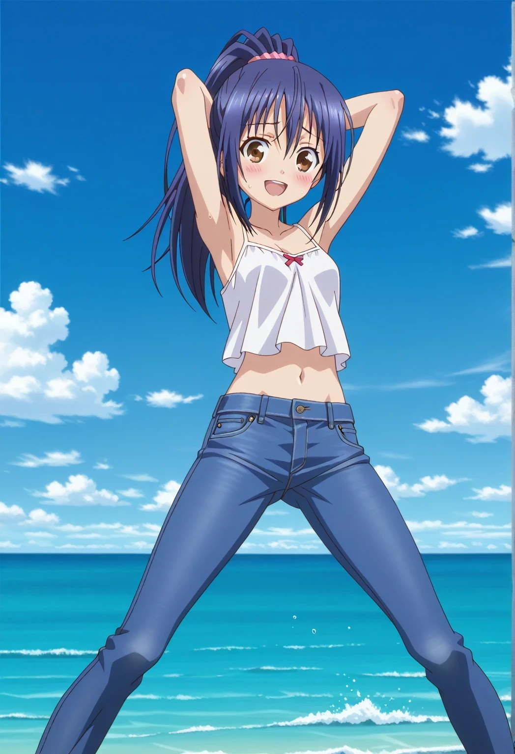 score_9, score_8_up, score_7_up, source_anime, highres, hi res, ((best quality, top quality, perfect quality, Highest Quality, amazing quality)), {{masterpiece}}, {{an extremely delicate and beautiful}}, 2d, intricate details, official style, anime, 8k, anime style, official_anime, official art, digital painting, cell shading, soft shading, high resolution, soothing tones, Subdued Color, Soft cinematic light, adobe lightroom, photolab, HDR, intricately and hyper-detailed, ((high quality animation)), 1 girl, Alone, solo, ((ocean)), tsunami, on the water, day, sunny, outdoors, sky, windy, mana takamiya, long hair, ponytail, hair between eyes, brown eyes, blue hair, sidelocks, anime screencap, small breasts, white camisole top, crop top, white crop top, best quality, hyper-detailed jeans, ((blue jeans:1.9)), (dark blue jeans:0.6), full medium body, medium shot, Open mouth, smiling, happy face, blush, sweat, standing, ((arms behind head:6.0)), bowlegged, sliding pose, action, looking at viewer, spread legs, Bend knees slightly, straight-on front view