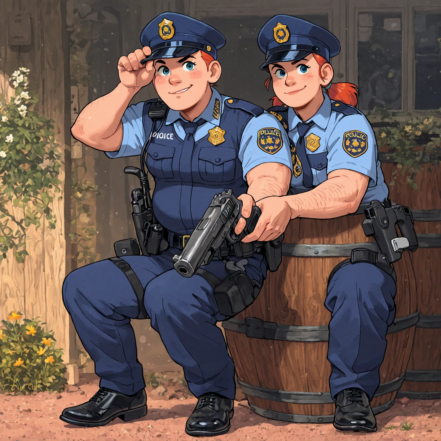 score_9, score_8_up, score_7_up, score_6_up, score_5_up, score_4_up, mirandawright, short hair, blonde hair, police uniform, solo, unzipped pants, belt undone, pants undone,  showing, pants down at ankles