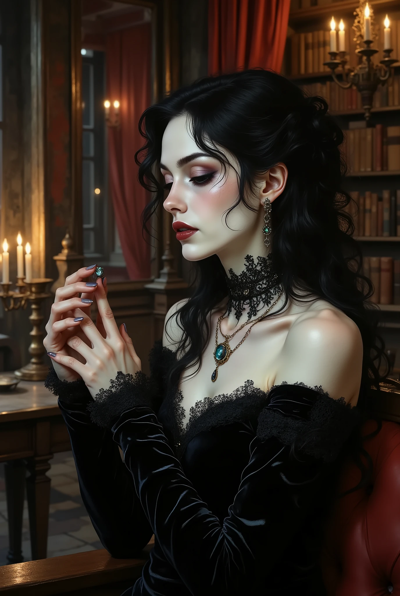 A shoulder-up portrait of a gothic woman on the right side of a 16:9 frame. She has pale skin, long black curls, and wears a black lace choker with a gemstone. Her expression is wistful and contemplative, with smoky eyeshadow and dramatic dark lipstick. Her off-shoulder velvet gown adds to her elegance. Both of her hands are gently raised, fingers softly touching the gemstone on her choker in a thoughtful gesture. To the left, a candlelit gothic library with tall shelves, dusty red curtains, and glowing sconces creates a moody, contrasting background. goth woman, gothic library, velvet elegance, dark makeup, candle glow, melancholic expression, delicate gesture.