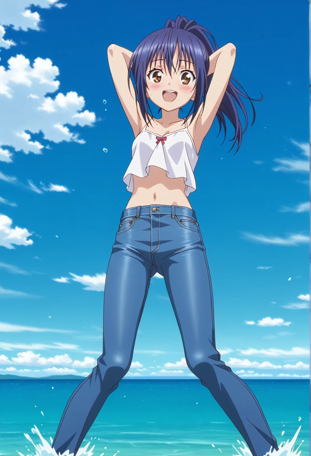 score_9, score_8_up, score_7_up, source_anime, highres, hi res, ((best quality, top quality, perfect quality, Highest Quality, amazing quality)), {{masterpiece}}, {{an extremely delicate and beautiful}}, 2d, intricate details, official style, anime, 8k, anime style, official_anime, official art, digital painting, cell shading, soft shading, high resolution, soothing tones, Subdued Color, Soft cinematic light, adobe lightroom, photolab, HDR, intricately and hyper-detailed, ((high quality animation)), 1 girl, Alone, solo, ((ocean)), tsunami, on the water, day, sunny, outdoors, sky, windy, mana takamiya, long hair, ponytail, hair between eyes, brown eyes, blue hair, sidelocks, anime screencap, small breasts, white camisole top, crop top, white crop top, best quality, hyper-detailed jeans, ((blue jeans:1.9)), (dark blue jeans:0.6), full medium body, medium shot, Open mouth, smiling, happy face, blush, sweat, standing, ((arms behind head:6.0)), bowlegged, jumping pose, action, looking at viewer, spread legs, Bend knees slightly, straight-on front view