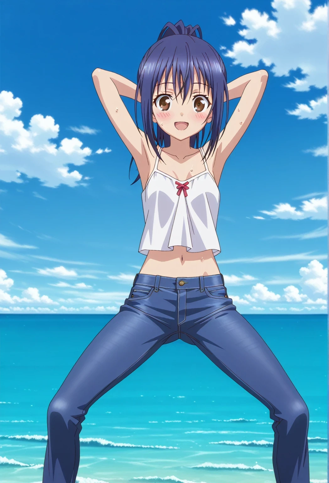 score_9, score_8_up, score_7_up, source_anime, highres, hi res, ((best quality, top quality, perfect quality, Highest Quality, amazing quality)), {{masterpiece}}, {{an extremely delicate and beautiful}}, 2d, intricate details, official style, anime, 8k, anime style, official_anime, official art, digital painting, cell shading, soft shading, high resolution, soothing tones, Subdued Color, Soft cinematic light, adobe lightroom, photolab, HDR, intricately and hyper-detailed, ((high quality animation)), 1 girl, Alone, solo, ((ocean)), tsunami, on the water, day, sunny, outdoors, sky, windy, mana takamiya, long hair, ponytail, hair between eyes, brown eyes, blue hair, sidelocks, anime screencap, small breasts, white camisole top, crop top, white crop top, best quality, hyper-detailed jeans, ((blue jeans:1.9)), (dark blue jeans:0.6), full medium body, medium shot, Open mouth, smiling, happy face, blush, sweat, standing, ((arms behind head:6.0)), bowlegged, sliding pose, action, looking at viewer, spread legs, Bend knees slightly, straight-on front view