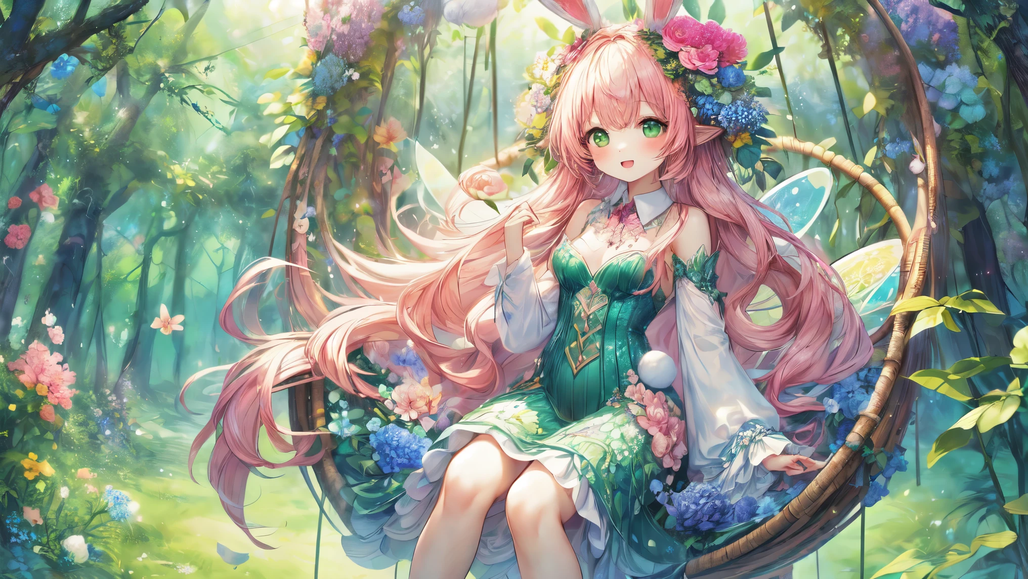 (Highest Quality, Super Detailed:1.5), 8k,(one girl), (Elf Girl with Rabbit Ears:1.5),Platinum Blonde Hair, very long hair, round eyes,(Rabbit Ears Grow:1.5), ( Beautiful green eyes that can only be seen :1.5), full body, Lift Your Arms Back, small breasts,(Beautiful Vines and Flowers々I'm playing with fairies like rabbits:1.5),(  beautiful flowers  々of each tree is in full bloom:1.5), (The background is a beautiful fantastic forest:1.5), (long sleeve white and pink ruffle collared dress:1.5), (I'm sitting in a hammock。The hammock swings :1.5),(Biologically Accurate Rabbit:1.5),
