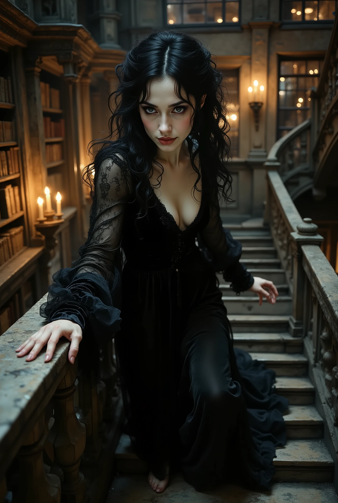 A low-angle shot from the stairs, looking up at a gothic woman in a black velvet gown descending towards the viewer. Her pose is confident and ethereal, as if floating. One of her pale hands is extended slightly forward, while the other gently trails along the ancient stone banister. Her expression is enigmatic and alluring, with a subtle, knowing smirk. Her long black curls frame her face, and her smoky eyes look down with intensity. The background is a blur of candlelit library shelves and glowing sconces, creating a moody, atmospheric bokeh. goth woman, low-angle shot from below, dramatic descent, ethereal, cinematic, ghostly beauty, mysterious atmosphere.