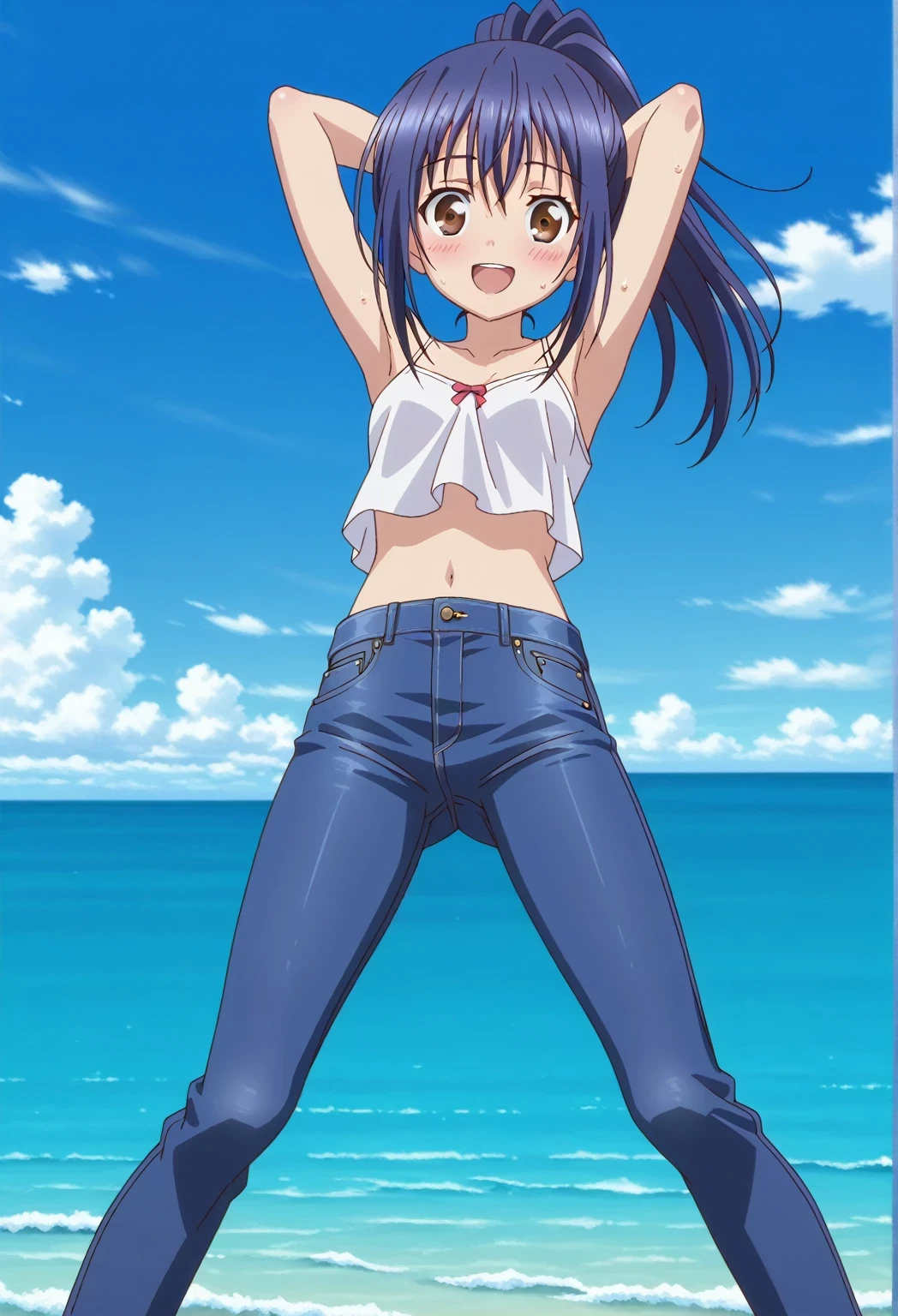 score_9, score_8_up, score_7_up, source_anime, highres, hi res, ((best quality, top quality, perfect quality, Highest Quality, amazing quality)), {{masterpiece}}, {{an extremely delicate and beautiful}}, 2d, intricate details, official style, anime, 8k, anime style, official_anime, official art, digital painting, cell shading, soft shading, high resolution, soothing tones, Subdued Color, Soft cinematic light, adobe lightroom, photolab, HDR, intricately and hyper-detailed, ((high quality animation)), 1 girl, Alone, solo, ((ocean)), tsunami, on the water, day, sunny, outdoors, sky, windy, mana takamiya, long hair, ponytail, hair between eyes, brown eyes, blue hair, sidelocks, anime screencap, small breasts, white camisole top, crop top, white crop top, best quality, hyper-detailed jeans, ((blue jeans:1.9)), (dark blue jeans:0.6), full medium body, medium shot, Open mouth, smiling, happy face, blush, sweat, standing, ((arms behind head:6.0)), bowlegged, jumping pose, action, looking at viewer, spread legs, Bend knees slightly, straight-on front view