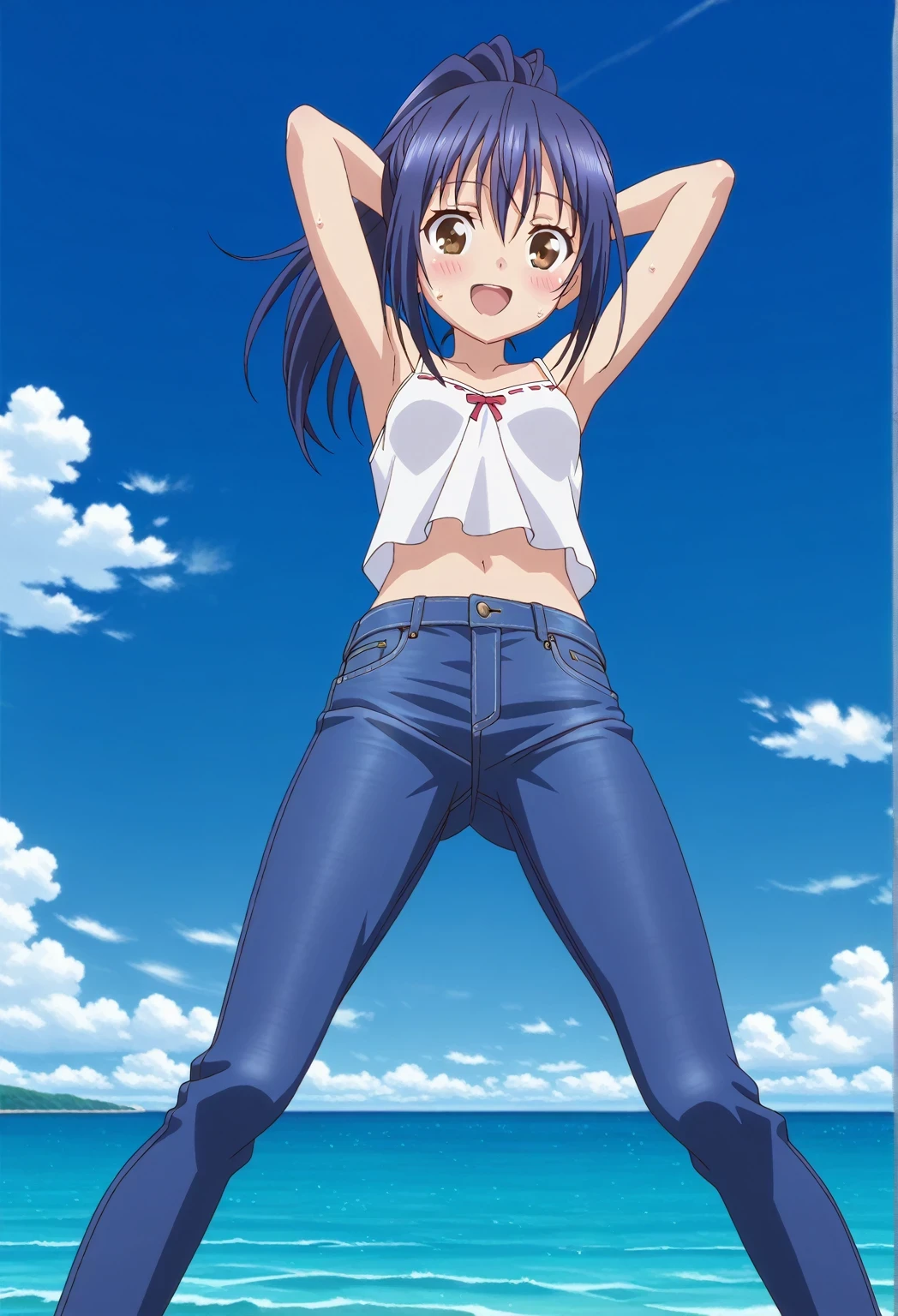 score_9, score_8_up, score_7_up, source_anime, highres, hi res, ((best quality, top quality, perfect quality, Highest Quality, amazing quality)), {{masterpiece}}, {{an extremely delicate and beautiful}}, 2d, intricate details, official style, anime, 8k, anime style, official_anime, official art, digital painting, cell shading, soft shading, high resolution, soothing tones, Subdued Color, Soft cinematic light, adobe lightroom, photolab, HDR, intricately and hyper-detailed, ((high quality animation)), 1 girl, Alone, solo, ((ocean)), tsunami, on the water, day, sunny, outdoors, sky, windy, mana takamiya, long hair, ponytail, hair between eyes, brown eyes, blue hair, sidelocks, anime screencap, small breasts, white camisole top, crop top, white crop top, best quality, hyper-detailed jeans, ((blue jeans:1.9)), (dark blue jeans:0.6), full medium body, medium shot, Open mouth, smiling, happy face, blush, sweat, standing, ((arms behind head:6.0)), bowlegged, jumping pose, action, looking at viewer, spread legs, Bend knees slightly, straight-on front view