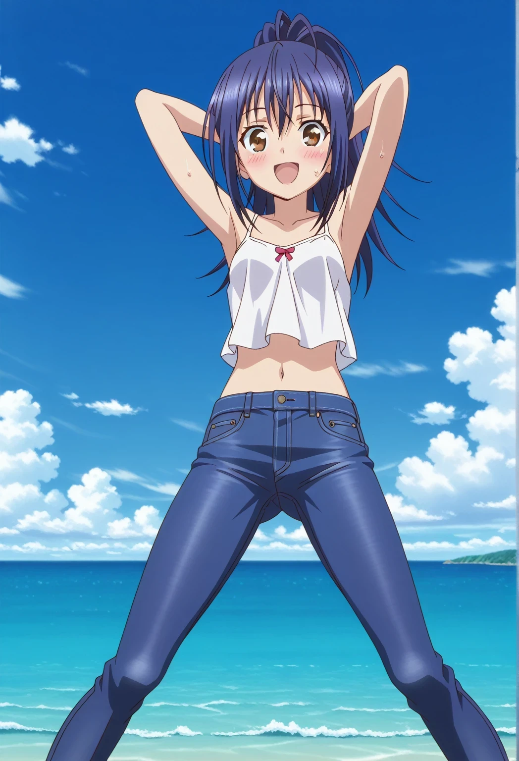 score_9, score_8_up, score_7_up, source_anime, highres, hi res, ((best quality, top quality, perfect quality, Highest Quality, amazing quality)), {{masterpiece}}, {{an extremely delicate and beautiful}}, 2d, intricate details, official style, anime, 8k, anime style, official_anime, official art, digital painting, cell shading, soft shading, high resolution, soothing tones, Subdued Color, Soft cinematic light, adobe lightroom, photolab, HDR, intricately and hyper-detailed, ((high quality animation)), 1 girl, Alone, solo, ((ocean)), tsunami, on the water, day, sunny, outdoors, sky, windy, mana takamiya, long hair, ponytail, hair between eyes, brown eyes, blue hair, sidelocks, anime screencap, small breasts, white camisole top, crop top, white crop top, best quality, hyper-detailed jeans, ((blue jeans:1.9)), (dark blue jeans:0.6), full medium body, medium shot, Open mouth, smiling, happy face, blush, sweat, standing, ((arms behind head:6.0)), bowlegged, sliding pose, action, looking at viewer, spread legs, Bend knees slightly, straight-on front view