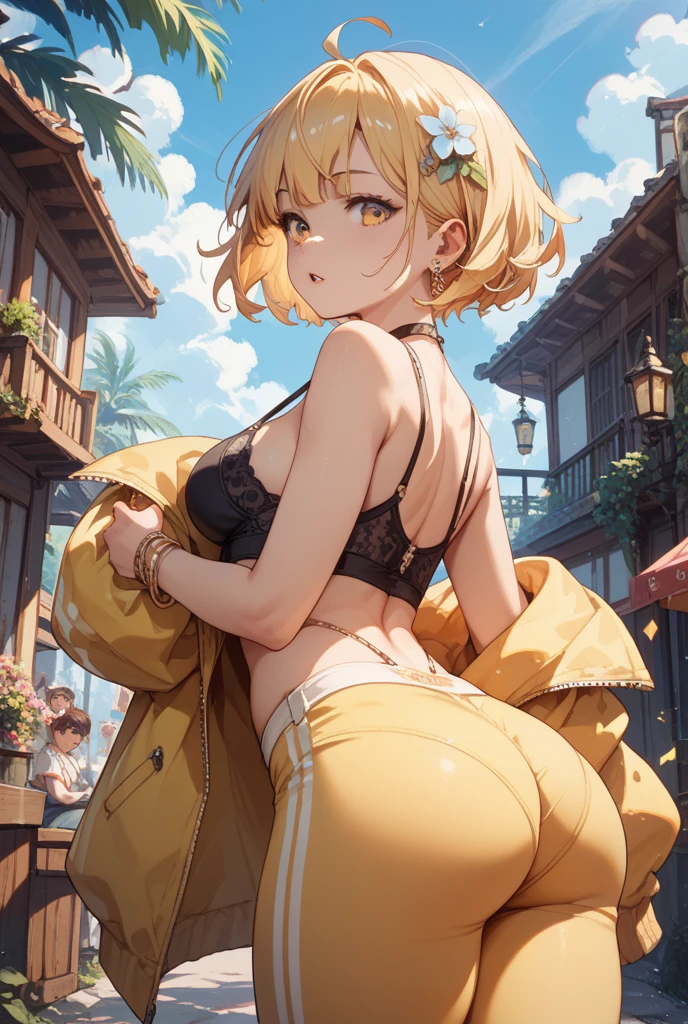 FOCUS ON FACE, DETAILED FACE, DETAILED EYES, Masterpiece, PFP, trending on artstation, 8k, (intricate details1:1), 1girl, dark skin, milf, mature woman, thick legs, wearing a shorts and a big hoodie, muscular body, tanned skin, blonde hair, ponytail, leopard ears and tail, 1tail, hybrid human, leopard legs, animal paws, felidae, SFW, facing viewer, animal features,