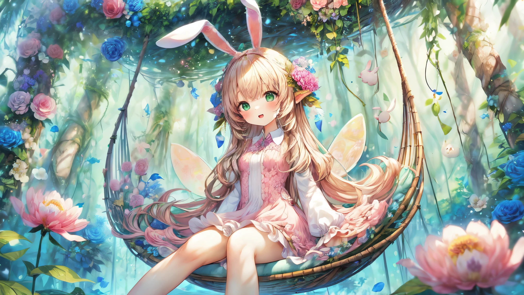 (Highest Quality, Super Detailed:1.5), 8k,(one girl), (Elf Girl with Rabbit Ears:1.5),Platinum Blonde Hair, very long hair, round eyes,(Rabbit Ears Grow:1.5), ( Beautiful green eyes that can only be seen :1.5), full body, Lift Your Arms Back, small breasts,(Beautiful Vines and Flowers々I'm playing with fairies like rabbits:1.5),( beautiful flowers 々of each tree is in full bloom:1.5), (The background is a beautiful fantastic forest:1.5), (long sleeve white and pink ruffle collared dress:1.5), (I'm sitting in a hammock。The hammock swings :1.5),(Biologically Accurate Rabbit:1.5),