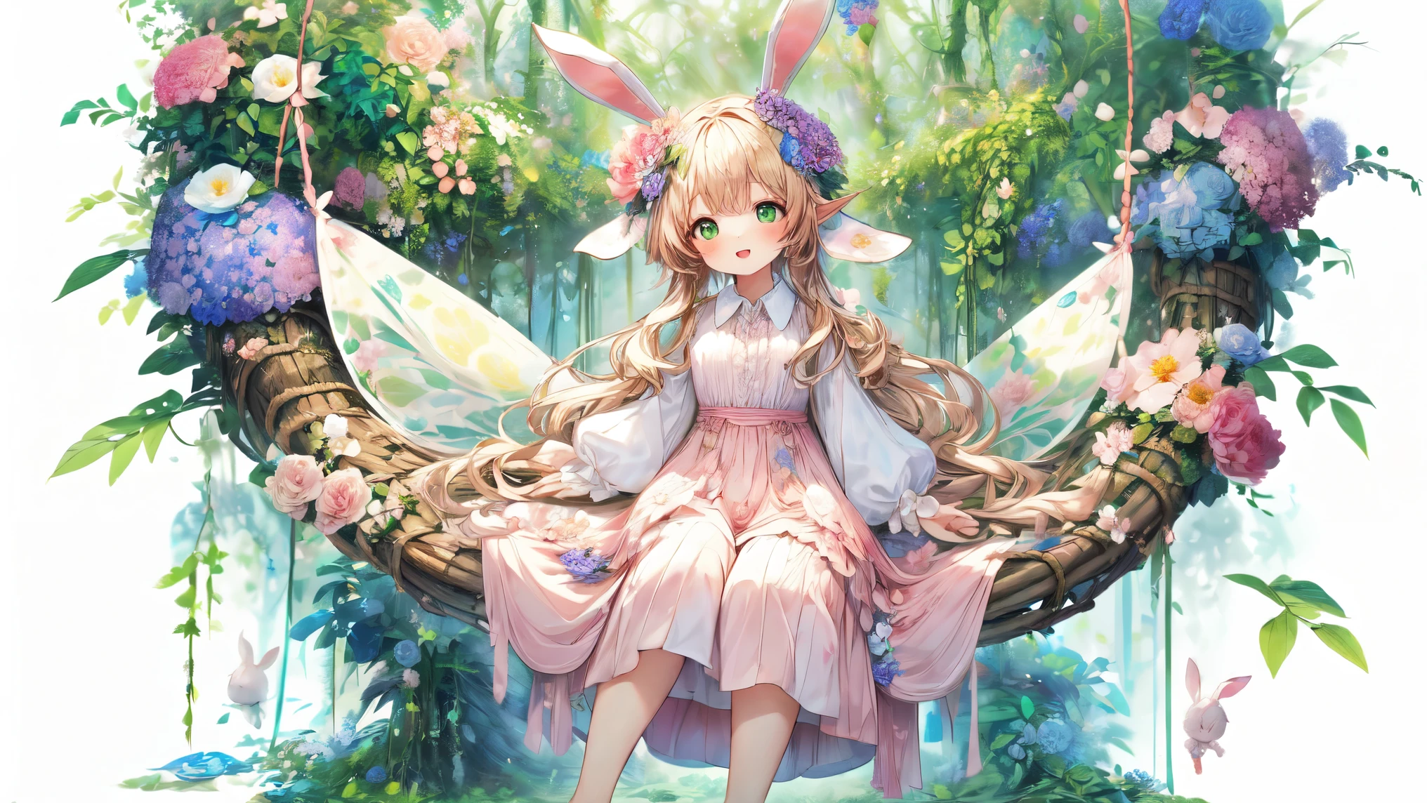 (Highest Quality, Super Detailed:1.5), 8k,(one girl), (Elf Girl with Rabbit Ears:1.5),Platinum Blonde Hair, very long hair, round eyes,(Rabbit Ears Grow:1.5), ( Beautiful green eyes that can only be seen :1.5), full body, Lift Your Arms Back, small breasts,(Beautiful Vines and Flowers々I'm playing with fairies like rabbits:1.5),( beautiful flowers 々of each tree is in full bloom:1.5), (The background is a beautiful fantastic forest:1.5), (long sleeve white and pink ruffle collared dress:1.5), (I'm sitting in a hammock。The hammock swings :1.5),(Biologically Accurate Rabbit:1.5),