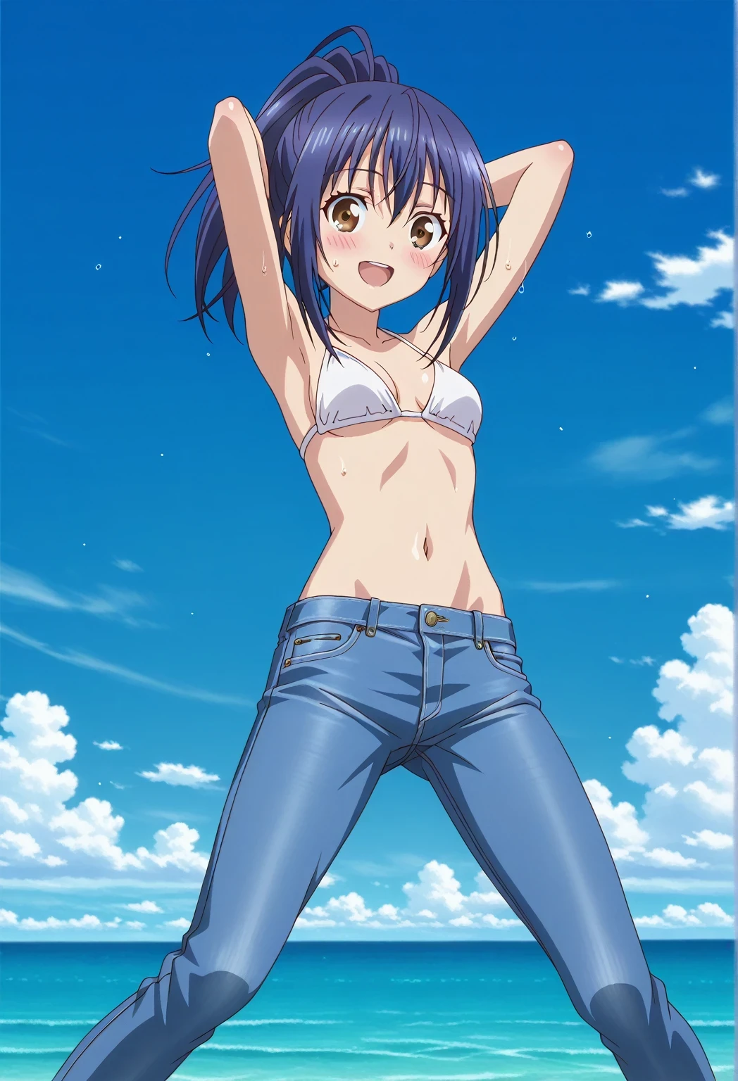 score_9, score_8_up, score_7_up, source_anime, highres, hi res, ((best quality, top quality, perfect quality, Highest Quality, amazing quality)), {{masterpiece}}, {{an extremely delicate and beautiful}}, 2d, intricate details, official style, anime, 8k, anime style, official_anime, official art, digital painting, cell shading, soft shading, high resolution, soothing tones, Subdued Color, Soft cinematic light, adobe lightroom, photolab, HDR, intricately and hyper-detailed, ((high quality animation)), 1 girl, Alone, solo, ((ocean)), tsunami, on the water, day, sunny, outdoors, sky, windy, mana takamiya, long hair, ponytail, hair between eyes, brown eyes, blue hair, sidelocks, anime screencap, small breasts, white bikini top, best quality, hyper-detailed jeans, ((blue jeans:1.9)), (dark blue jeans:0.6), full medium body, medium shot, Open mouth, smiling, happy face, blush, sweat, standing, ((arms behind head:6.0)), bowlegged, jumping pose, action, looking at viewer, spread legs, Bend knees slightly, straight-on front view