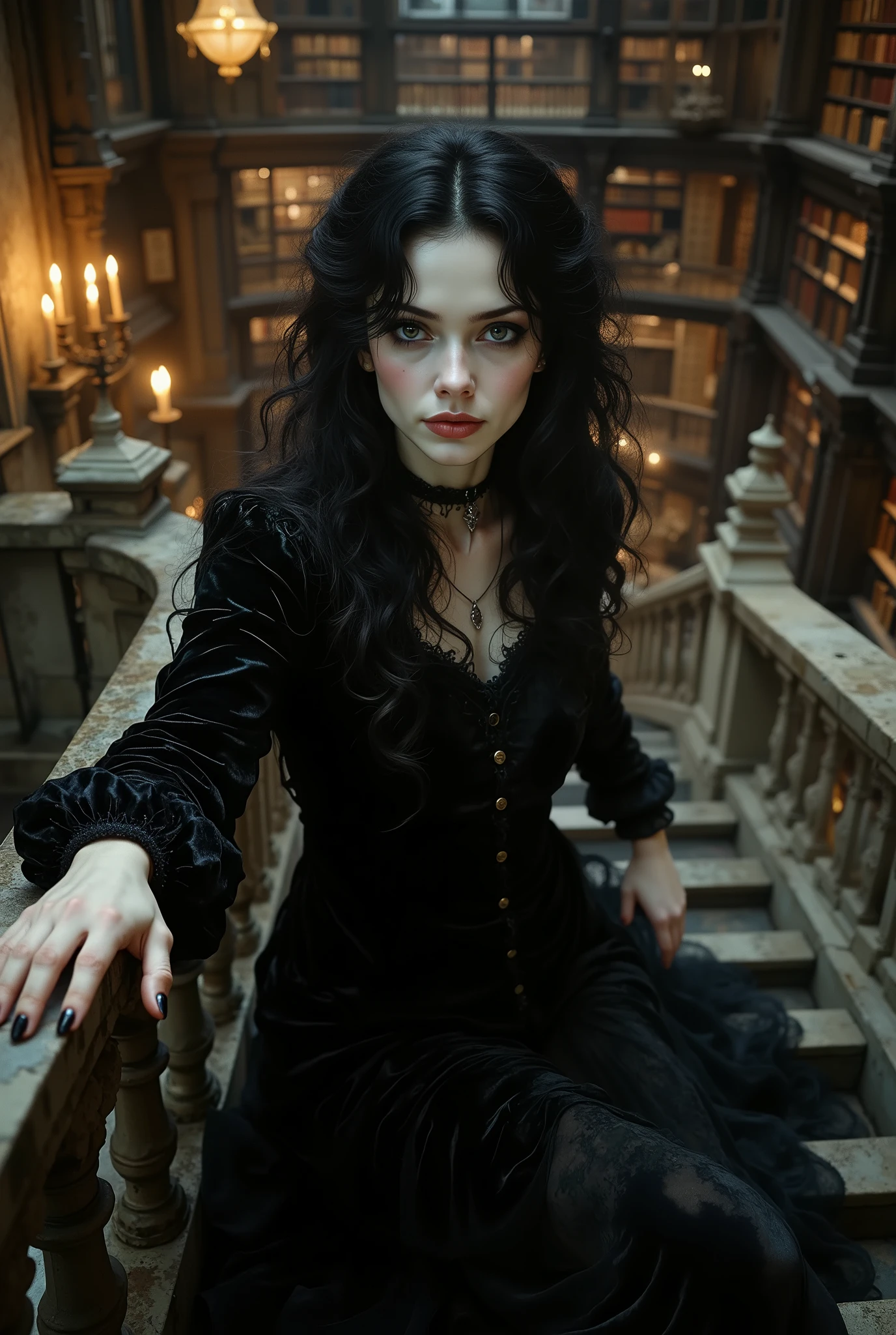 A low-angle shot from the stairs, looking up at a gothic woman in a black velvet gown descending towards the viewer. Her pose is confident and ethereal, as if floating. One of her pale hands is extended slightly forward, while the other gently trails along the ancient stone banister. Her expression is enigmatic and alluring, with a subtle, knowing smirk. Her long black curls frame her face, and her smoky eyes look down with intensity. The background is a blur of candlelit library shelves and glowing sconces, creating a moody, atmospheric bokeh. goth woman, low-angle shot from below, dramatic descent, ethereal, cinematic, ghostly beauty, mysterious atmosphere.