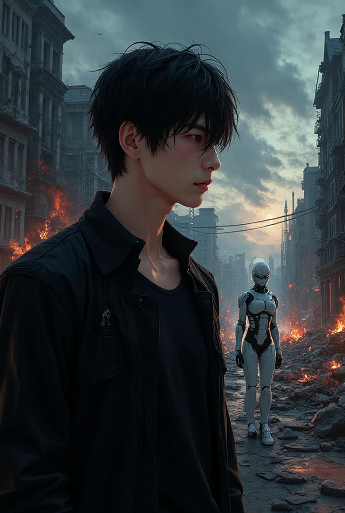 I want to mix 2 images 、 beautiful Japanese high school girl facing left android、 black hair、 shorthair 、Patsun、 cyberpunk design suit 、 beautiful skinny muscular boy facing right 、Messy Hair、 back to back 、Looking down、outer space background、Double Exposure
