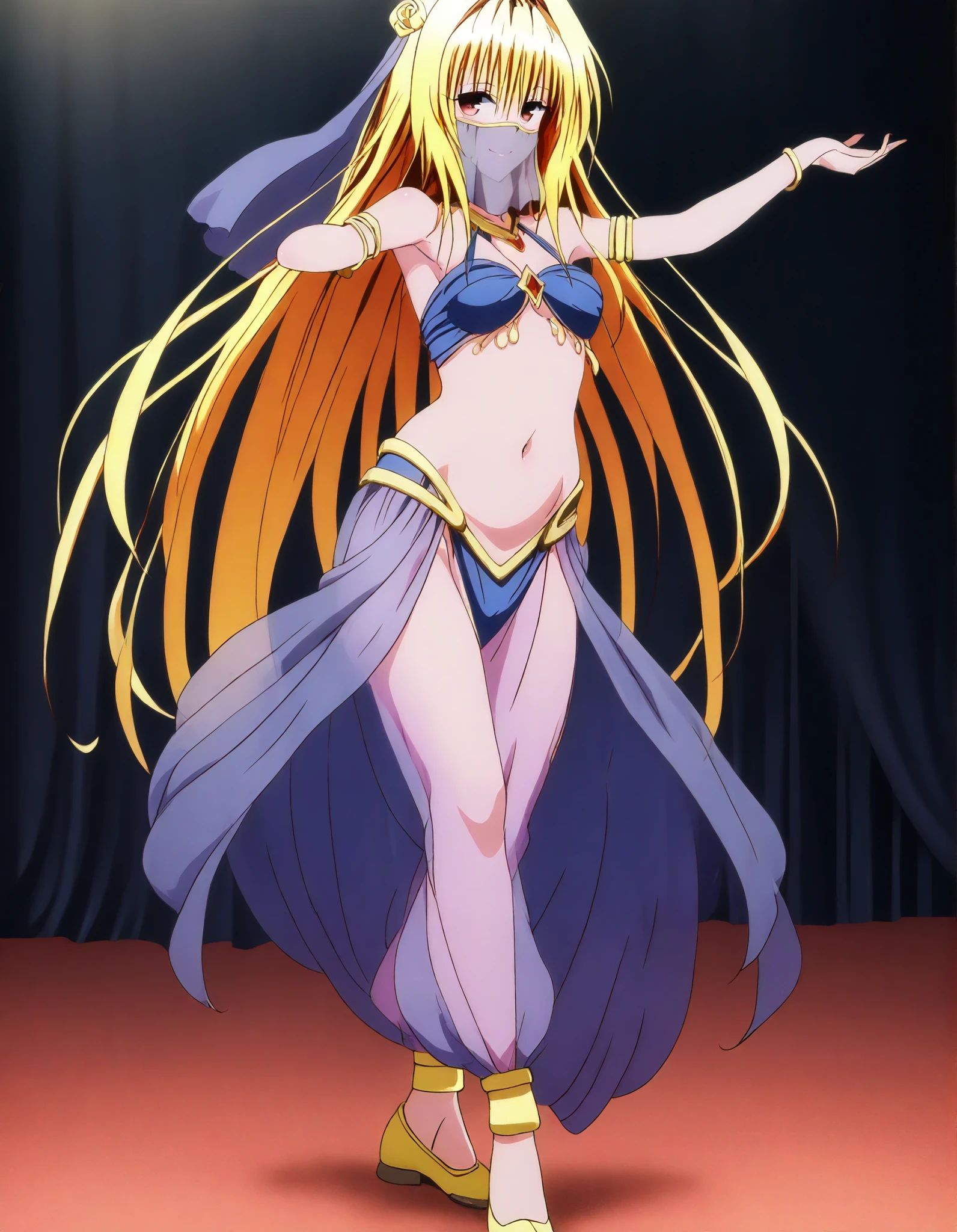 (1girl:1 . 5) , (Seul:1 . 5) , score_9 , score_8_haut , score_7_haut , source_anime , Official work  , ultra-detailed , masterpiece , best quality , high resolution , beaux yeux , detailed eyes , Detailed face , beautiful detailed eyes,brown eyes,yellow hair, long hair, red eyes, hair ornament, To Love Ru,Golden Darkness,Arabian Clothes , Arabian Dancer ,belly dancer costume,belly dancer outfit ,full body,golden jewelery,mouth veil,armlet, belly dancing,arabian theater,seductive smile, dancing with veil, dynamic movement,dance posture, seductive pose