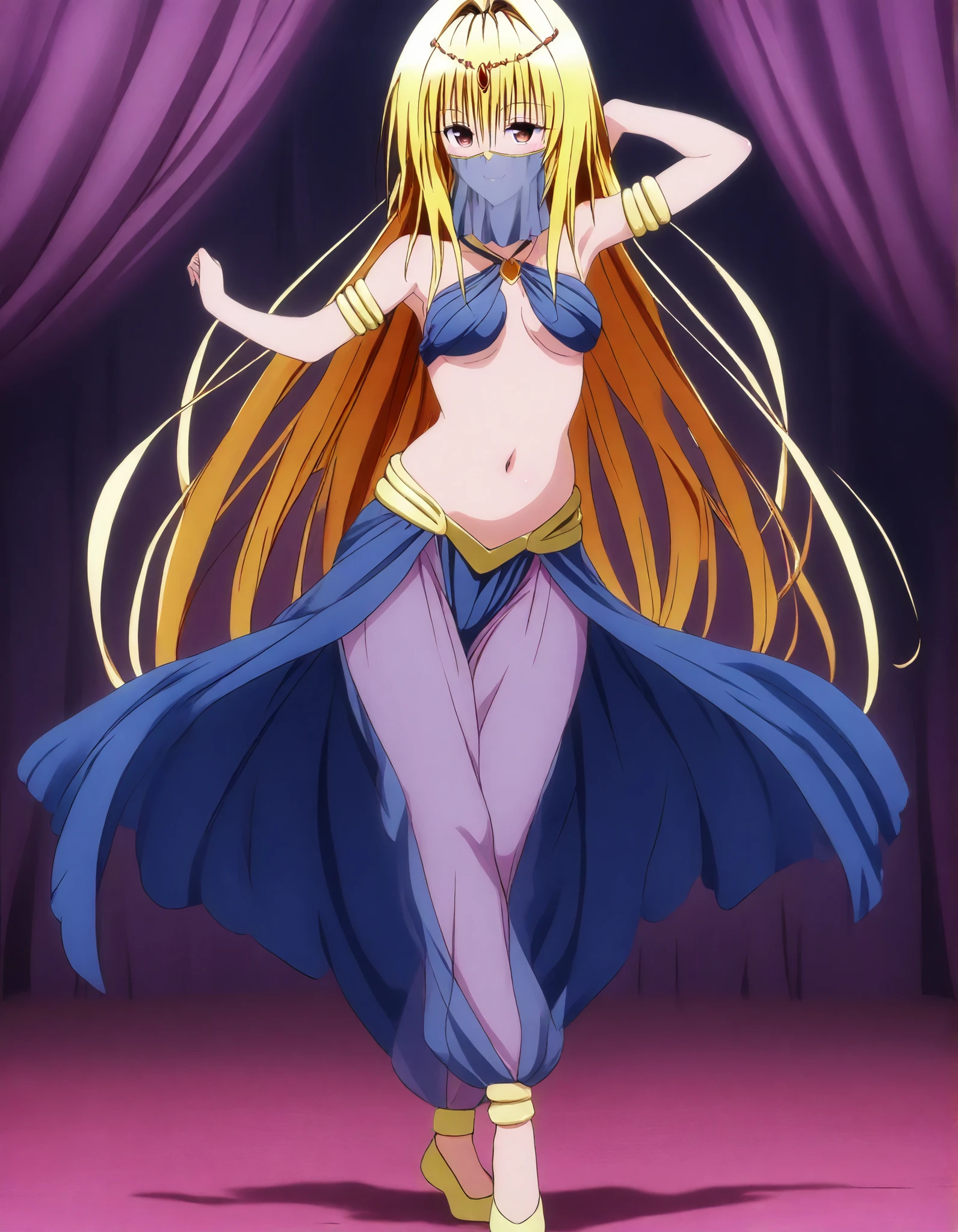 (1girl:1 . 5) , (Seul:1 . 5) , score_9 , score_8_haut , score_7_haut , source_anime , Official work , ultra-detailed , masterpiece , best quality , high resolution , beaux yeux , detailed eyes , Detailed face , beautiful detailed eyes,brown eyes,yellow hair, long hair, red eyes, hair ornament, To Love Ru,Golden Darkness,Arabian Clothes , Arabian Dancer ,belly dancer costume,belly dancer outfit ,full body,golden jewelery,mouth veil,armlet, belly dancing,arabian theater,seductive smile, dancing with veil, dynamic movement,dance posture, seductive pose