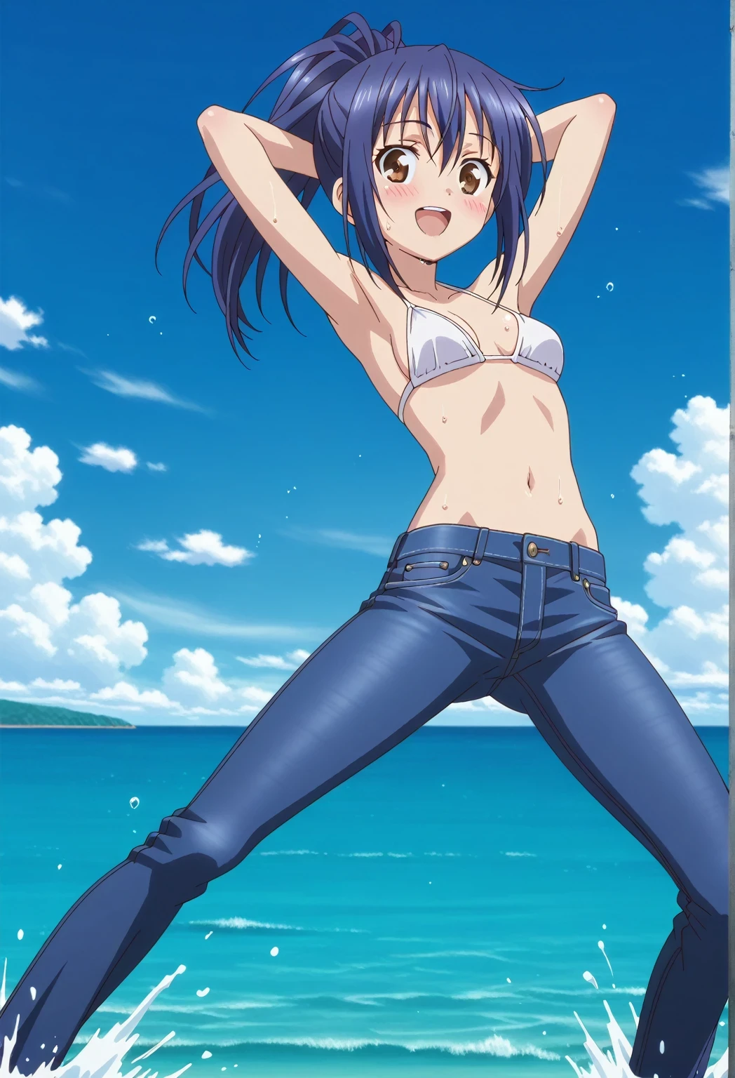 score_9, score_8_up, score_7_up, source_anime, highres, hi res, ((best quality, top quality, perfect quality, Highest Quality, amazing quality)), {{masterpiece}}, {{an extremely delicate and beautiful}}, 2d, intricate details, official style, anime, 8k, anime style, official_anime, official art, digital painting, cell shading, soft shading, high resolution, soothing tones, Subdued Color, Soft cinematic light, adobe lightroom, photolab, HDR, intricately and hyper-detailed, ((high quality animation)), 1 girl, Alone, solo, ((ocean)), tsunami, on the water, day, sunny, outdoors, sky, windy, mana takamiya, long hair, ponytail, hair between eyes, brown eyes, blue hair, sidelocks, anime screencap, small breasts, white bikini top, best quality, hyper-detailed jeans, ((blue jeans:1.9)), (dark blue jeans:0.6), full medium body, medium shot, Open mouth, smiling, happy face, blush, sweat, standing, ((arms behind head:6.0)), bowlegged, jumping pose, action, looking at viewer, spread legs, Bend knees slightly, straight-on front view