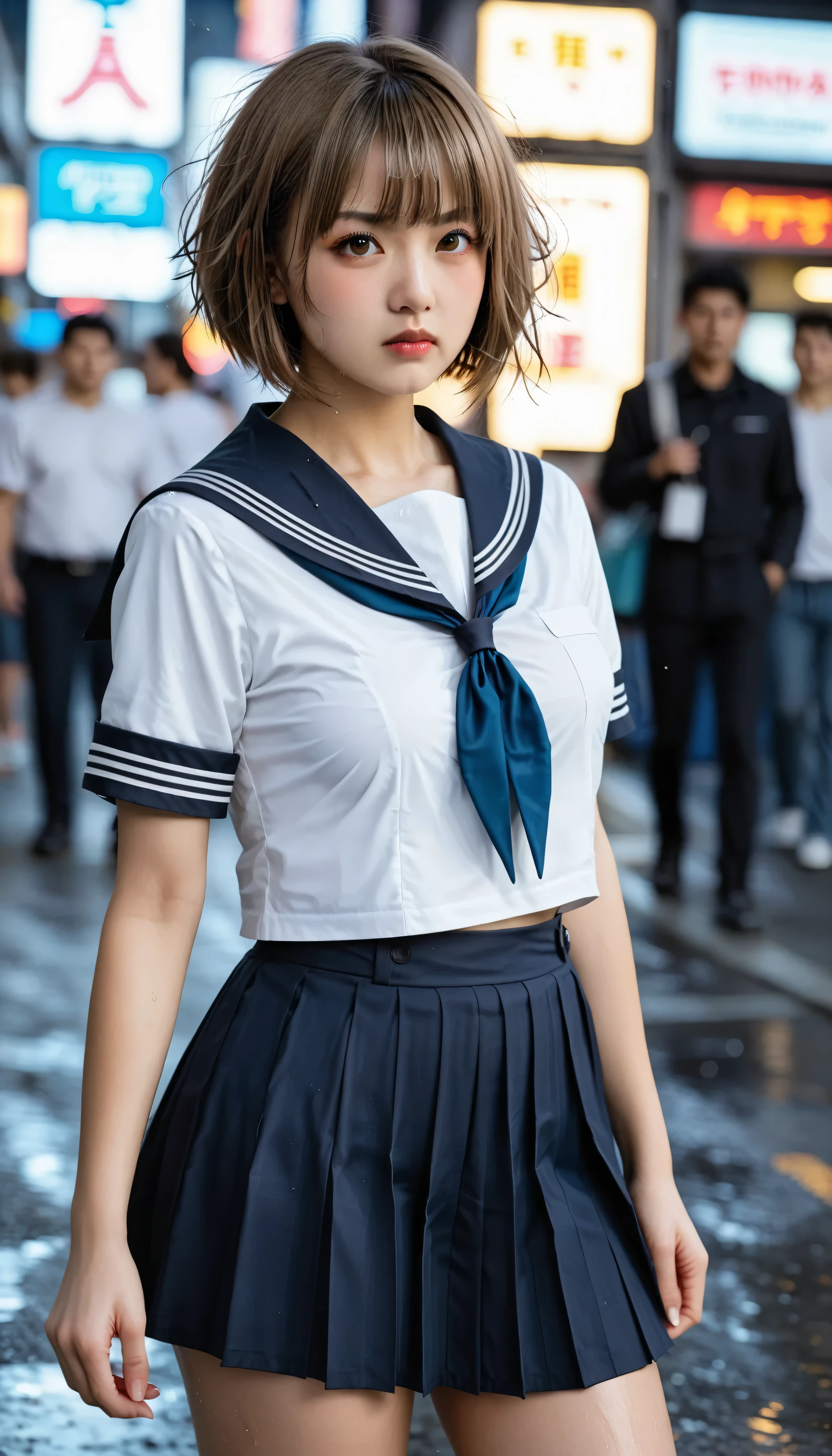 score_9,score_8_up,score_7_up,16K, highres, high-resolution, super-resolution ,masterpiece , best quality,high quality, detailed, ultra detailed,hyper detailed,insanely detailed ,natural lighting,exquisite , beautiful,high resolution,realistic,beautiful young woman, perfect facial symmetry, golden ratio face, sparkling large eyes, small cute nose, plump lips, oval face shape, detailed skin texture,woman,日本人女性,(light brown short hair:1.6),  (bob hair:1.6), (傑作),(最高品質:1.2),(非常に詳細:1.2),(高解像度),(medium breasts:1.3),(brown eyes), 17 yo,

Natural, ultra high res, Super Detail, Detailed Skin, Sharp Focus, bokeh, glossy texture, depth of field, shiny hair, shiny skin BREAK
1 girl, japanese, Smooth skin, Without Makeup, glowing eyes BREAK
, ((bangs):1.3),
cutest Japanese cosplayer of the famous game character, masterpiece, ultra-HD, cinematic lighting, high detail, depth of field, (blurred background), (dramatic lighting), very aesthetic,  detailed background, (standing with legs apart,dynamic pose),huge filesize,5 finger,(wet),(Messy  Soaked hair)

BREAK
Japanese cosplayer,blush
BREAK
side bangs, amateur flash, spotlight,  (angry:1.3), (perfect anatomy:1.2) BREAK

a girl on street, night, rain fall, cyberpunk city background, rainy street,
standing with legs apart,(school uniform, sailor suit, traditional Japanese style with navy blue and white colors, detailed ribbon and pleated skirt), 