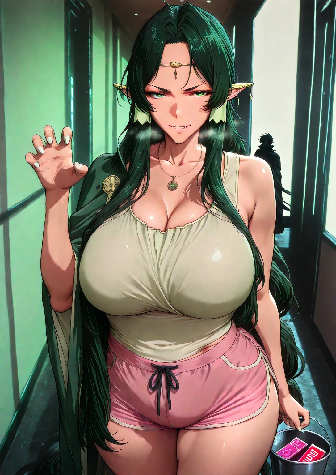 Sakuranotomoru, Hgk, (yoshio_(55level)-style:1.4), (imizu_(nitro_unknown)-style:1.3), (packge-style:1.2), (himadera-style:1.2), ((anatomical correct)), ((Cinematic, unreal engine, eye-catching, ambient occlusion, UHD, masterpiece)), ((perfect lighting, soft shadow)), perfect body, perfect eyes, perfect fingers, gasping, heavy breathing, gasping profusely, ((skindentation)), ((curvy)), sakuya, long hair, black hair, very long hair, green eyes, green hair, pointy ears, hair tubes, elf, ear covers, dark green hair, mature female, breasts, athletic body,(voluptuous:1.5), (mature female:1.5), ((vignetting)), 1girl, breasts, mature female, solo, necklace, standing, claw pose, holding bucket, halloween, looking at viewer, fangs, smirk, collarbone, condom, condom box, thighs, curvy, hallway, dim light, cape, white nails, white shirt, sleeveless, dolphin shorts, short shorts, pink shorts, tank top