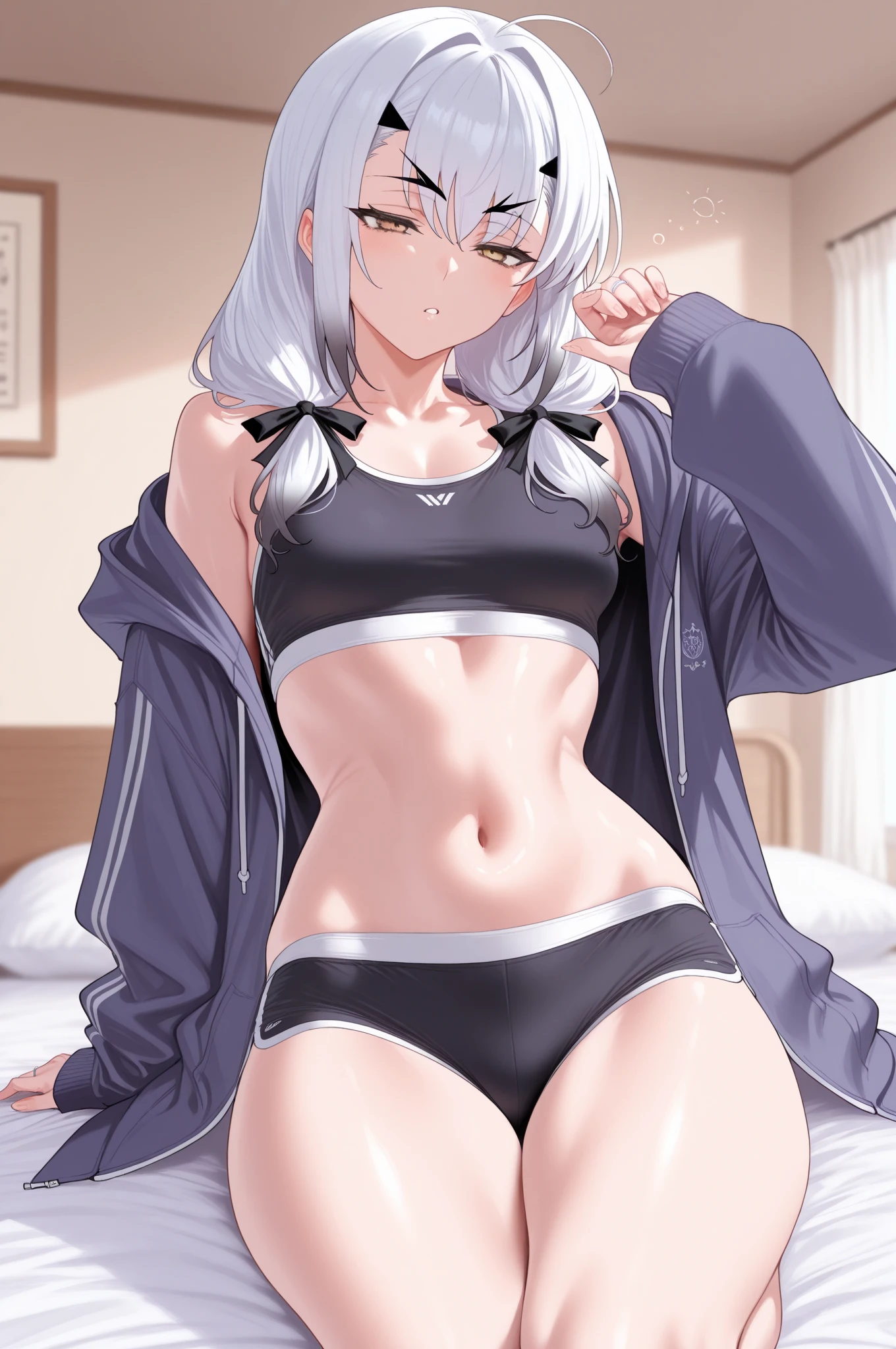 (extremely detailed CG unity 8k wallpaper), (((masterpiece))), (((best quality))), ((ultra-detailed)), (((illustration))), (best shadow), ((an extremely delicate and beautiful)), (detailed light), (well designed face), amazing face, (super detailed), cinematic shot, beautiful detailed eyes, detailed background, 1girl, ((white hair)), ((red eyes)), ((cat ears)), firts rate ???????, first rate female bodies, long hair, x hair ornament, school uniform, pink panties, ((midriff)), ((navel)), upper body, jacket, open jacket, interior design, classroom, spread navel, bewitching thighs, smile, one eye closed, hand on own ?????, garter belt, stocking, ((from below)),