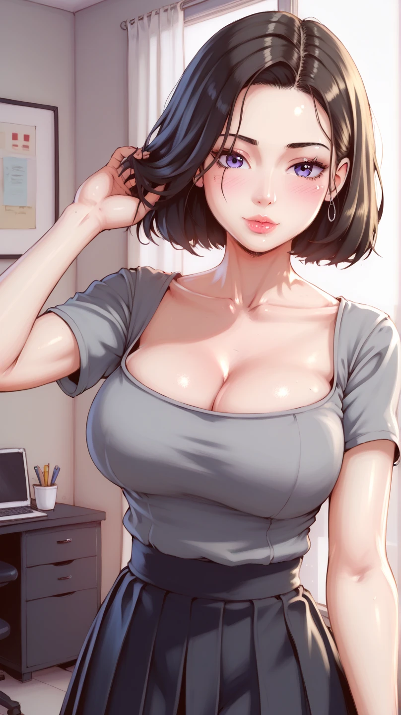 (masterpiece, best quality, detailed illustration, high resolution), ((1girl, solo)), ((huge breasts, large breasts, slim waist, long legs, fit body, toned body)), ((full body, closeup view)), ((standing)), ((looking at the viewer, facing the viewer)), office setting, ((fair skin)), oiled skin, ((large breasts, mature woman, mature female, mature lady)), (detailed eyes, good eyes, better eyes), ((standing)), (black hair), ((black shirt, pants)), (massive breasts), (short hair), ((milf)), (unbuttoned shirt), (brown eyes), (female bodyguard)