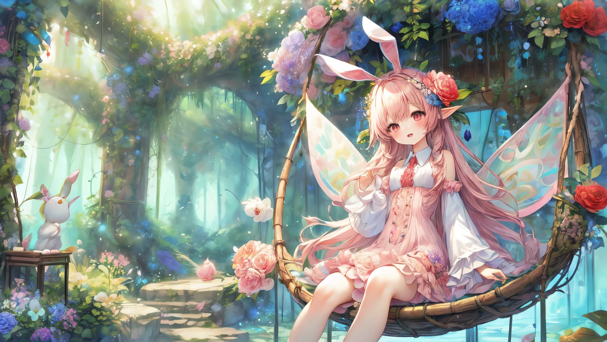 (Highest Quality, Super Detailed:1.5), 8k,(one girl), (Bunny Eared Elf Girl:1.5),Platinum Blonde Hair, very long hair, round eyes,(bunny ears grow:1.5), (red beautiful eyes:1.5), Full Body, arms behind back, small breasts,(Beautiful Vines and Flowers々playing with fairies that look like rabbits:1.5),( beautiful flowers 々is in full bloom:1.5), (The background is a beautiful fantastic forest:1.5), (long-sleeved white and pink ruffle collared dress:1.5), (I'm sitting in a hammock woven with:1.5),(A girl is holding a biologically accurate rabbit:1.5),