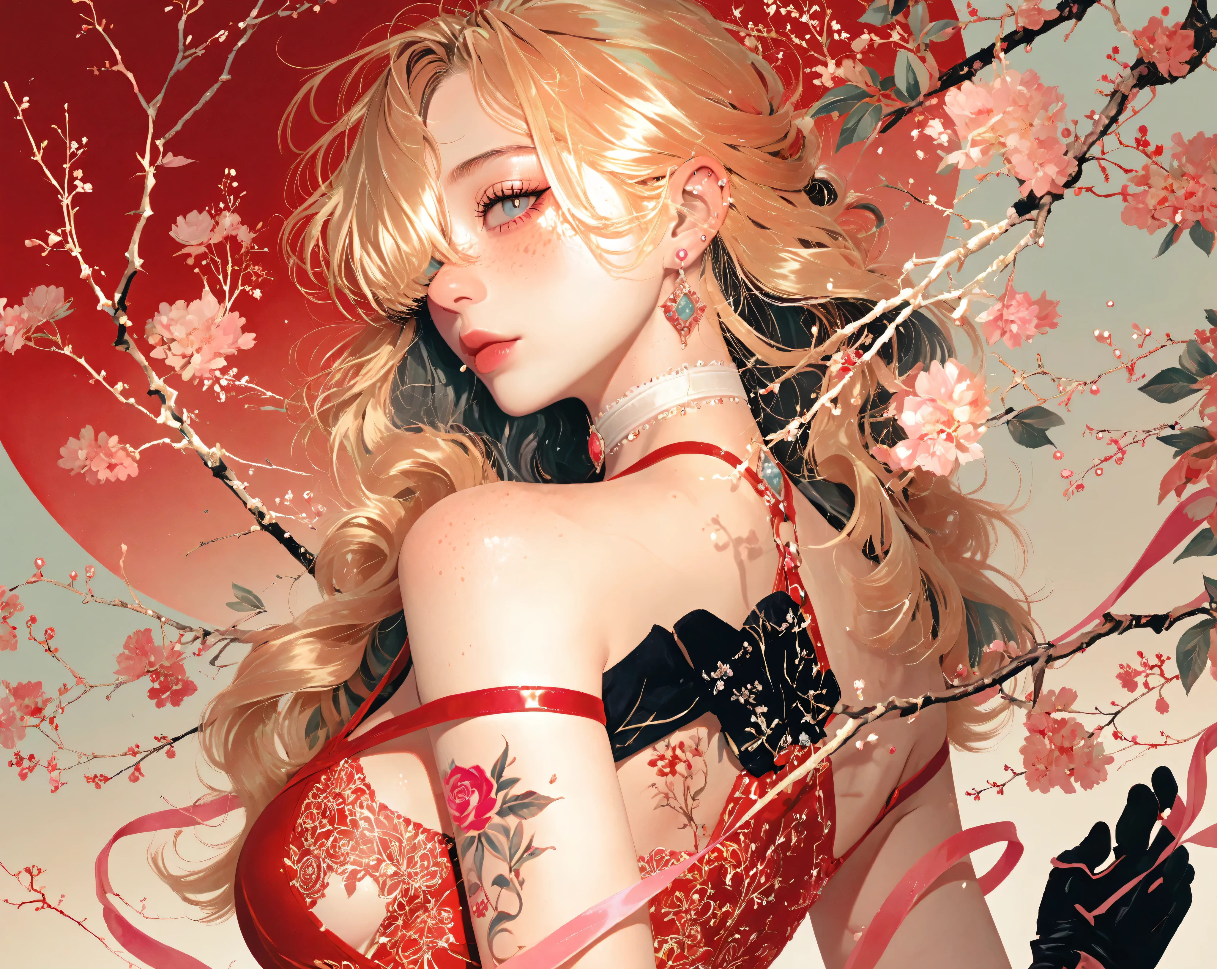 miaomiao_liulifa,,,masterpiece, best quality, upd25, 1girl, bangs, bare shoulders, black gloves, blonde hair, blue eyes, branch, breasts, dress, eye focus, flower tattoo, freckles, gem, gradient background, grey eyes, hair over one eye, jewelry, lips, long hair, oli, piercing, pink eyes, pink flower, pink ribbon, red theme, shirt, simple background, underbutt, white choker