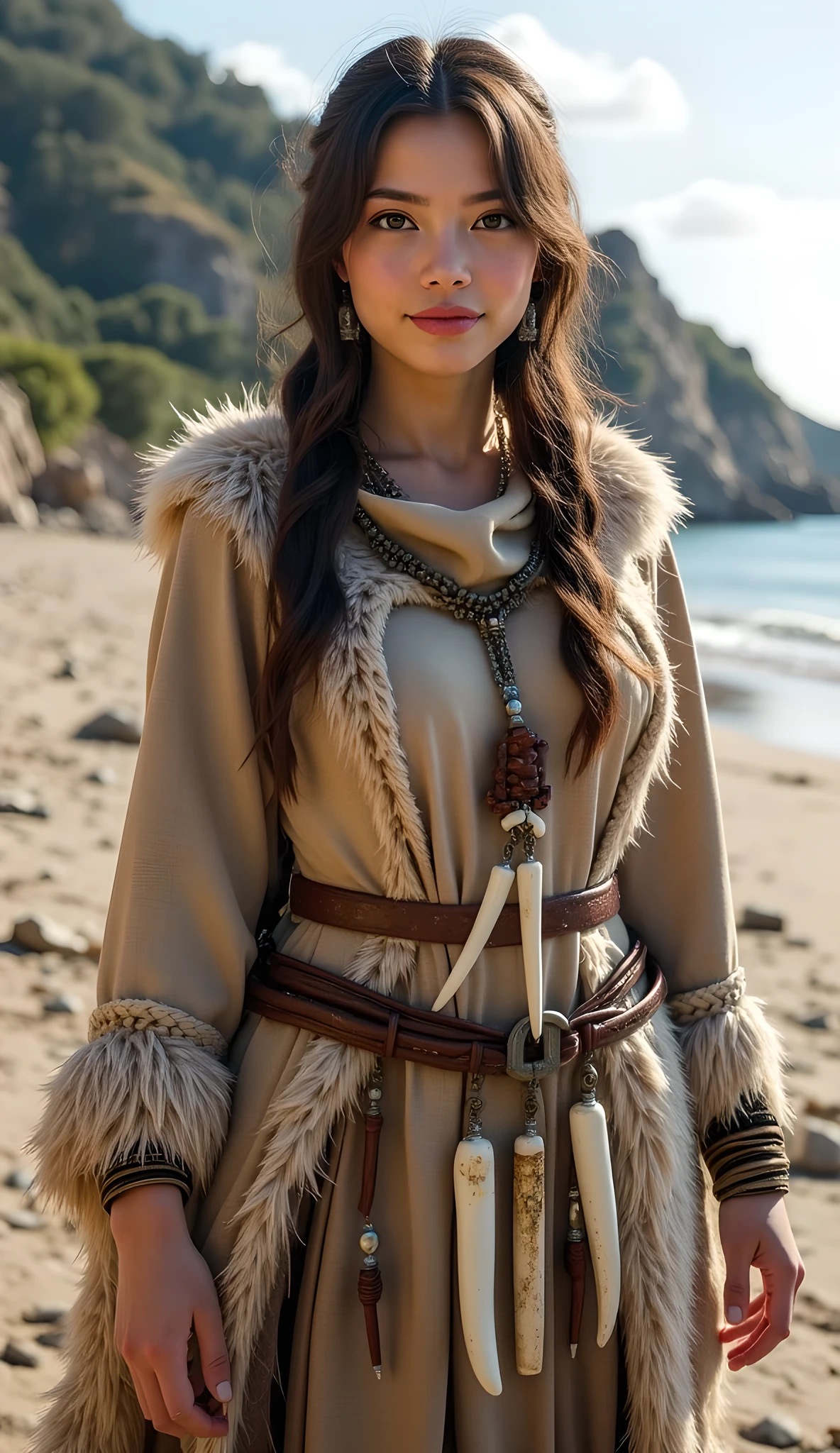 Stone age era, (prehistoric age era:1.6), ((Realistic cinematography cinematic angle depth intense details of realistically Jurassic sea shore landscape scenery)),big white bone jewelry necklaces,focusing on a happy female wanderer wearing ornaments white bones,ivory jewelry,,,(every features are depicted clearly),(realistically accurately and intricately depicting scenery),((primitive jewelry)),,(wearing primitive long size fur fabric cloak tunic dress|fully wool woven kimono dress enveloping her whole body),long woolly skirt,(perfectly depth symmetrically precisely busty full body shapely),(cinematic dynamically camera cinematic angle scenery:accurately depicted:1.3),the lively prehistoric cradle of historcal depicting scenery,midday,realistically full depth,summer season,(cinematography dynamic angle|hyperrealistic:realistic scenery:3d texture over the scenery),best videography angle,hdr,masterpiece,4K,(cinematography vibe),primordial folk fabric wardrobe,(dynamic image composition),(octane 3d rendering|50mm lens shot:1.3),(precise lifelike skin texture:lifelike hairs:realism),(best rule of third photography composition),(best image aperture),(full details depth of field),(best shutter speed),(RAW photo image),(photorealistic|photorealism:hyperrealism style),(realistic depth 3d:cgi:1.3),(trending on cgsociety:devianart:unreal engine 5),,(best photography:national Geographic style), stonePunkAi and sandalPunkAi artwork, digital art,best lighting concept,(realistic intricately fixed truly fully human's anatomy body+hands+and+fingers anatomical),natural motion,inspired by farcry5 game artwork, SFW,