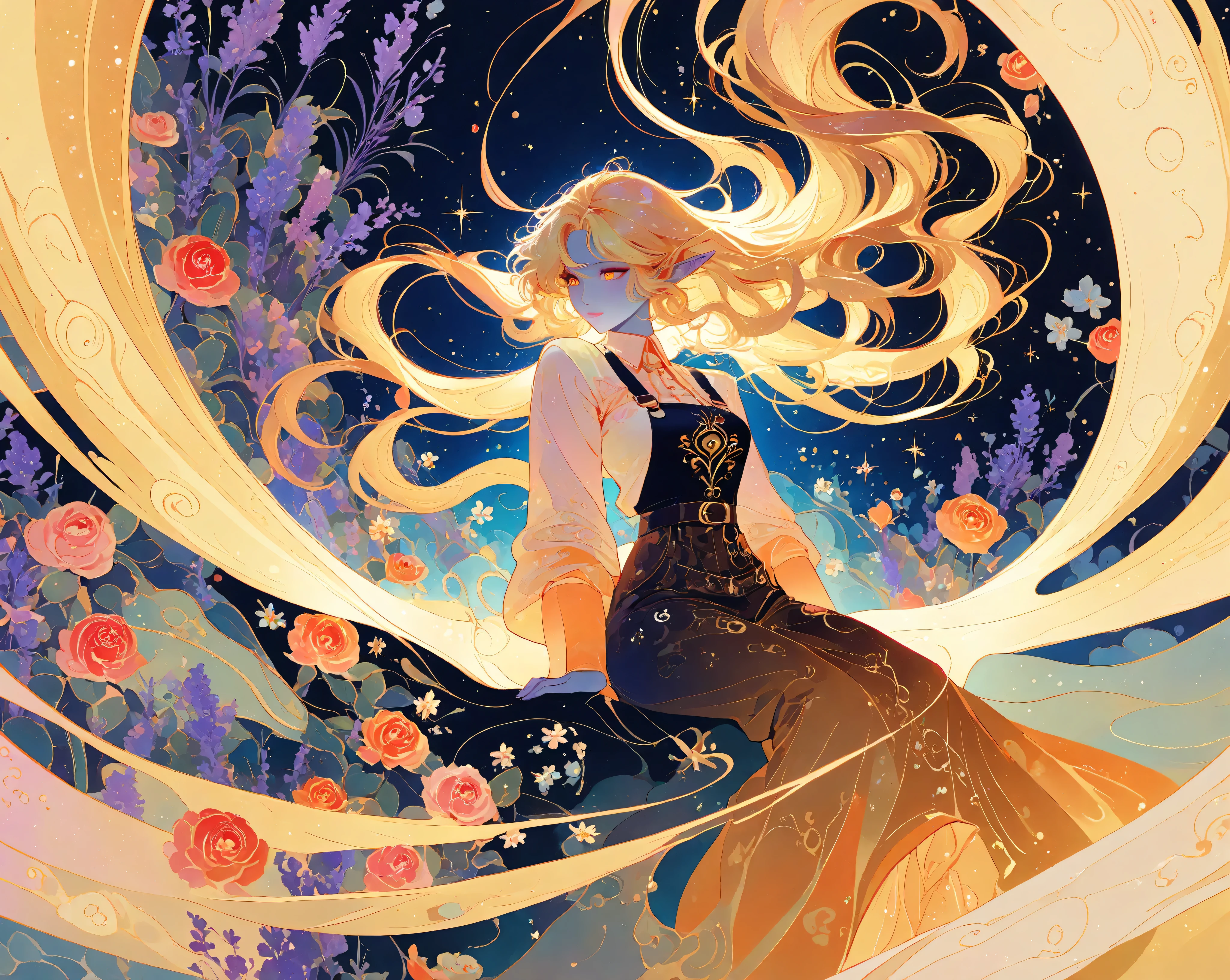 In this vibrant and fantastical artwork, a mystical female figure with blue skin and pointed elf-like ears sits gracefully amid swirling colors and floral motifs. Her body is tastefully adorned with elaborate swirls and patterns in vivid oranges and yellows, creating a striking contrast against her deep blue complexion. Long, flowing hair in a mix of radiant blonde, pink, and lavender hues extends around her, enhancing the ethereal quality of the scene. The background is a dazzling tapestry of swirling colors and blooming roses, primarily in pinks and purples, set against a dark, star-studded backdrop. The blend of swirling paint-like patterns and distinct botanical elements lends the composition a dynamic, dreamlike feel, capturing both serenity and vibrant energy. The overall mood is one of enchantment and otherworldly beauty, where fantasy and art intertwine seamlessly.