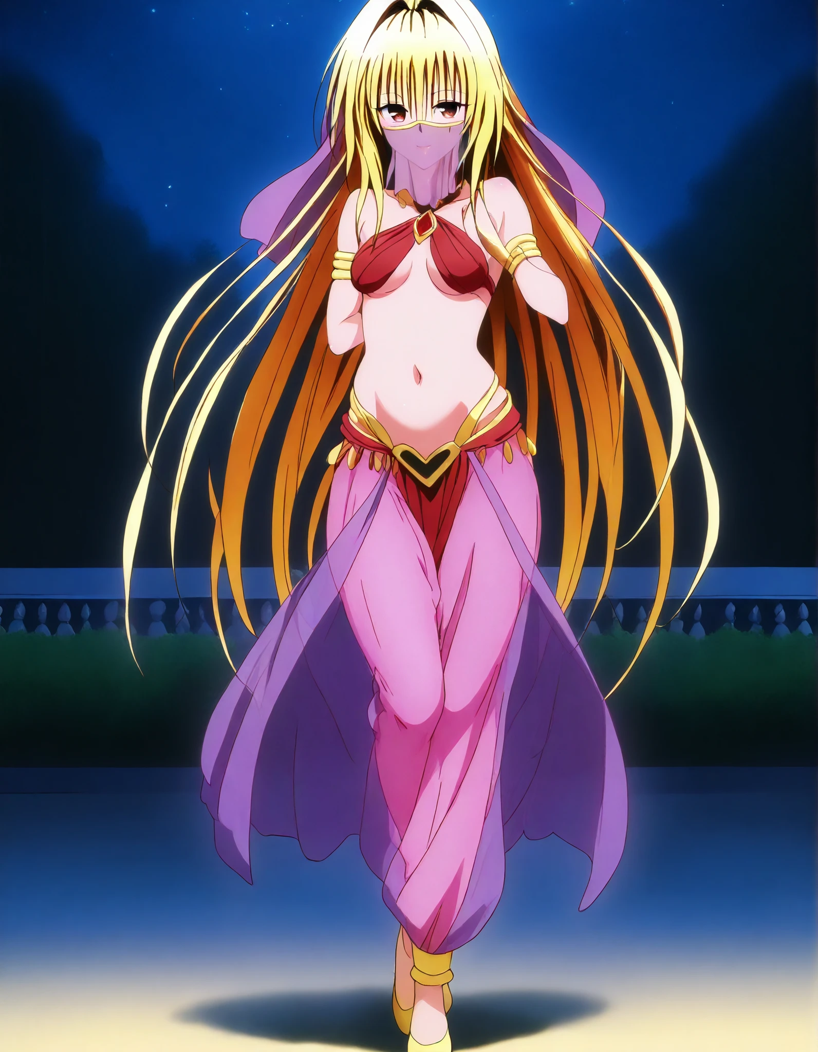 (1girl:1 . 5) , (Seul:1 . 5) , score_9 , score_8_haut , score_7_haut , source_anime , Official work  , ultra-detailed , masterpiece , best quality , high resolution , beaux yeux , detailed eyes , Detailed face , beautiful detailed eyes,brown eyes,yellow hair, long hair, red eyes, hair ornament, To Love Ru,Golden Darkness,Arabian Clothes , Arabian Dancer ,belly dancer costume,belly dancer outfit ,full body,golden jewelery,mouth veil,armlet, belly dancing,night,arabian garden,seductive smile, dancing with veil, dynamic movement,dance posture, seductive pose