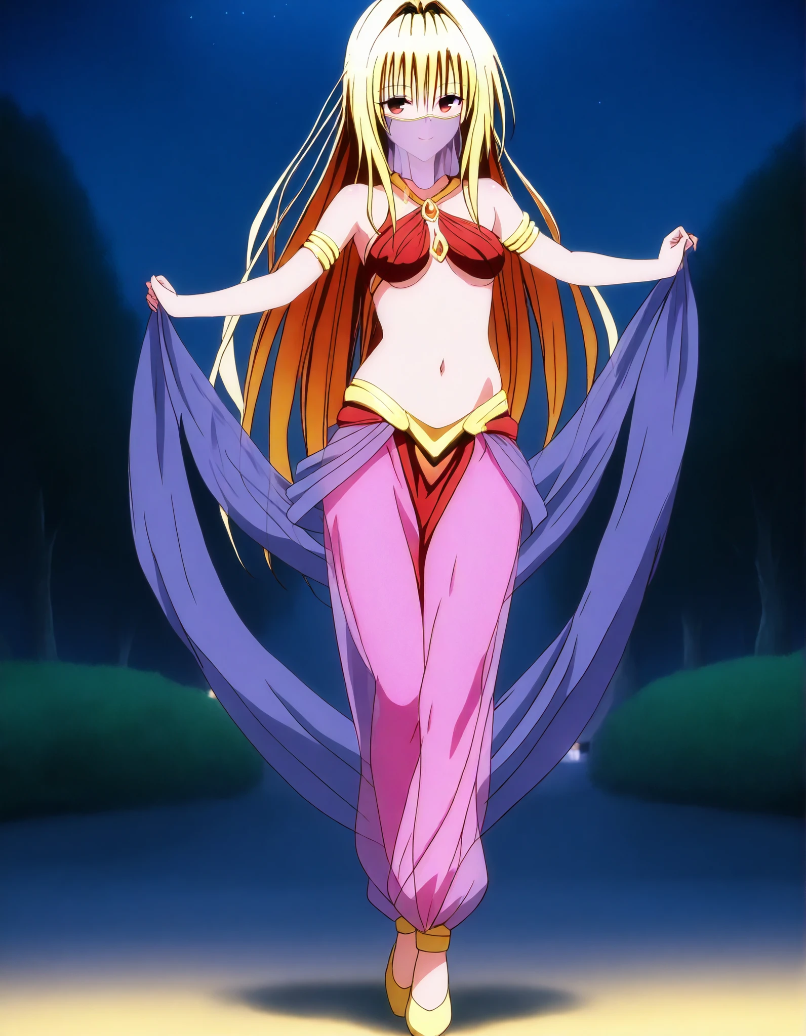 (1girl:1 . 5) , (Seul:1 . 5) , score_9 , score_8_haut , score_7_haut , source_anime , Official work  , ultra-detailed , masterpiece , best quality , high resolution , beaux yeux , detailed eyes , Detailed face , beautiful detailed eyes,brown eyes,yellow hair, long hair, red eyes, hair ornament, To Love Ru,Golden Darkness,Arabian Clothes , Arabian Dancer ,belly dancer costume,belly dancer outfit ,full body,golden jewelery,mouth veil,armlet, belly dancing,night,arabian garden,seductive smile, dancing with veil, dynamic movement,dance posture, seductive pose