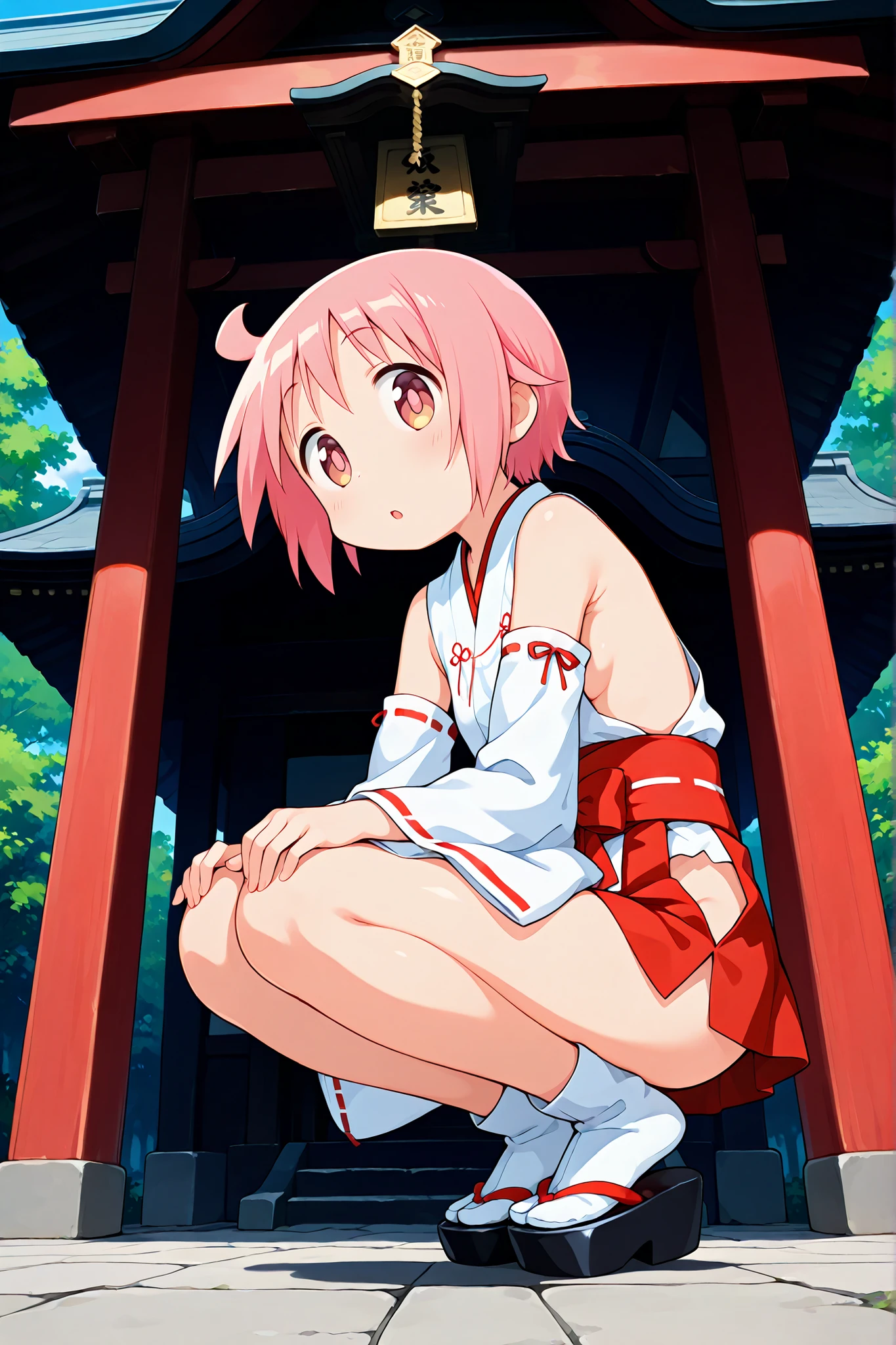 nonohara yuzuko, pink hair, short hair, ahoge, pink eyes,bangs,(nsfw),((anime style)),score_9, score_8_up, score_7_up, source_anime,,1girl, ((miko)),(tabi),(black okobo),  ((((mini slit red skirt)))),Obi ,Obi knot, (flat chest) , ((side boob)) , (No panties) , ((exposed shoulders)) ,(Sleeveless white clothes) ,((detached white sleeves)),(ribbon-trimmed sleeves),(Shrine grounds), side shot ,(((((low angle))))), ((full bady)), ((squatting)),dramatic angle, looking at viewers,((hands on knee)),knees up