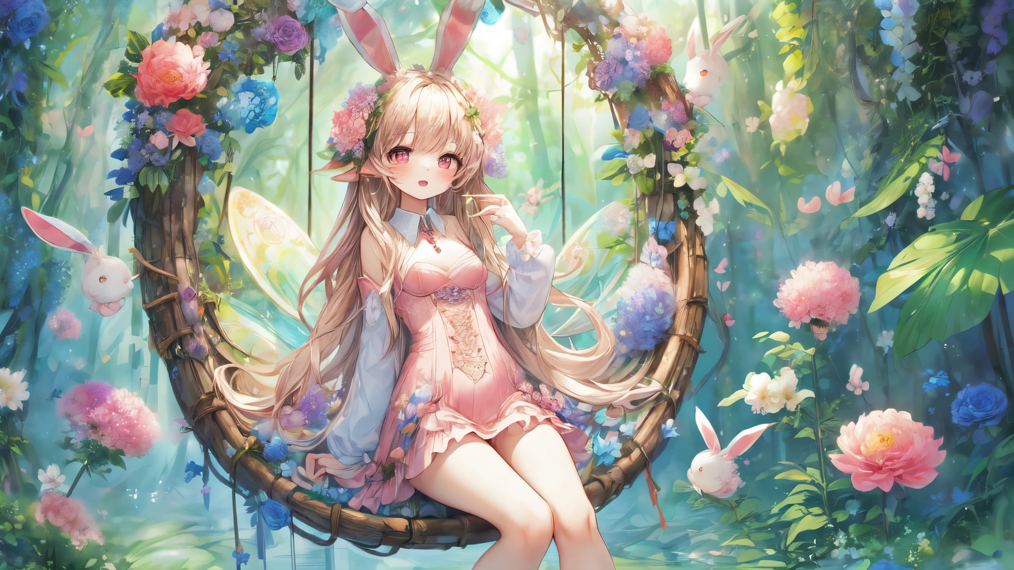 (Highest Quality, Super Detailed:1.5), 8k,(one girl), (Bunny Eared Elf Girl:1.5),Platinum Blonde Hair, very long hair, round eyes,(bunny ears grow:1.5), (red beautiful eyes:1.5), Full Body, arms behind back, small breasts,(Beautiful Vines and Flowers々playing with fairies that look like rabbits:1.5),( beautiful flowers 々is in full bloom:1.5), (The background is a beautiful fantastic forest:1.5), (long sleeve white and pink ruffle collared mini dress:1.5), (I'm sitting in a hammock woven with:1.5),(A girl is holding a biologically accurate rabbit:1.5),
