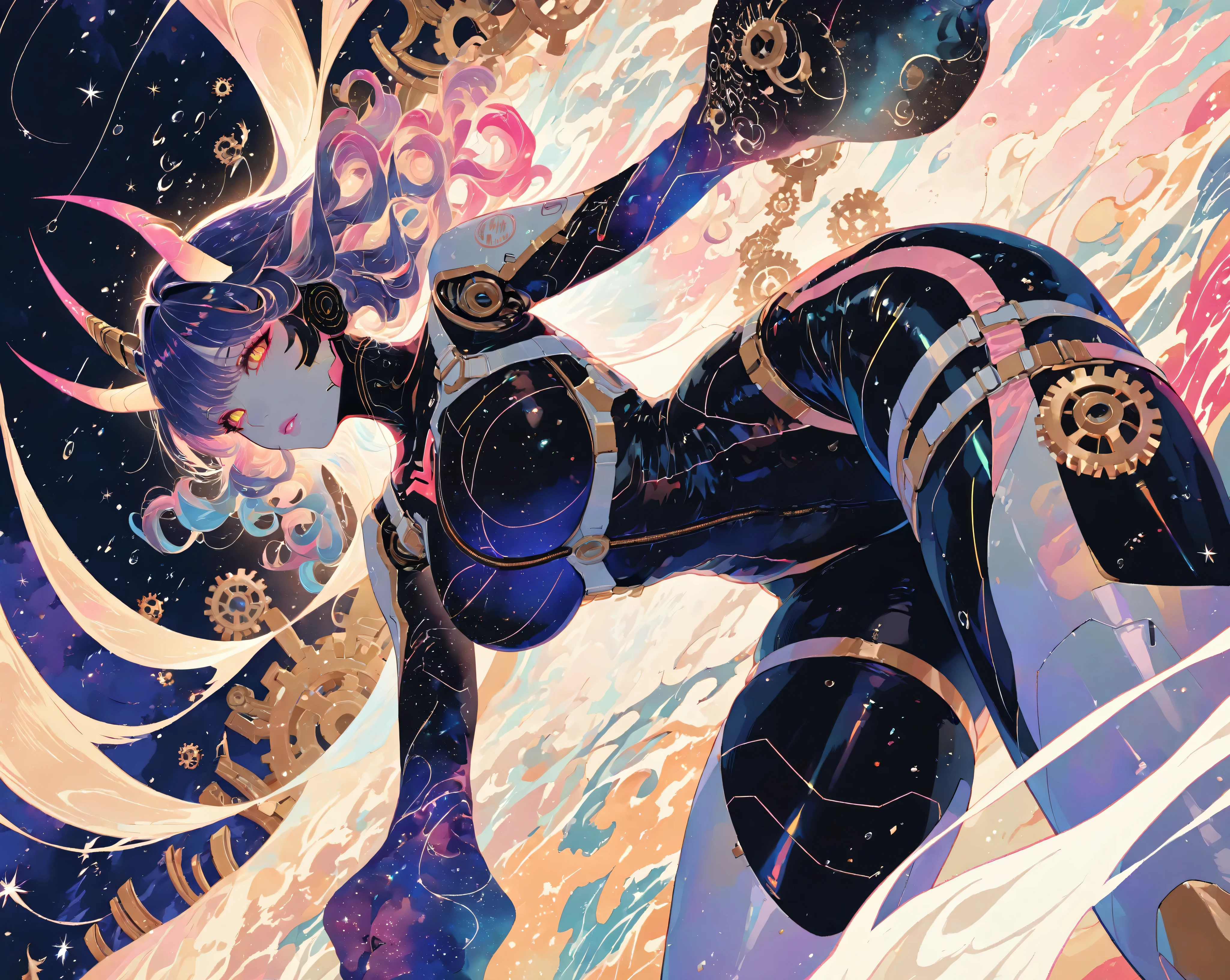 (best quality, highres), detailed close-up of a futuristic female robot with gears exposed on her tight thigh-length suit, featuring horns. The robot is floating in mid-air against a backdrop of swirling interstellar nebulas and pulsating waves of stardust. The overall artwork is done in a celestial style, radiating vibrant colors and ethereal lighting.