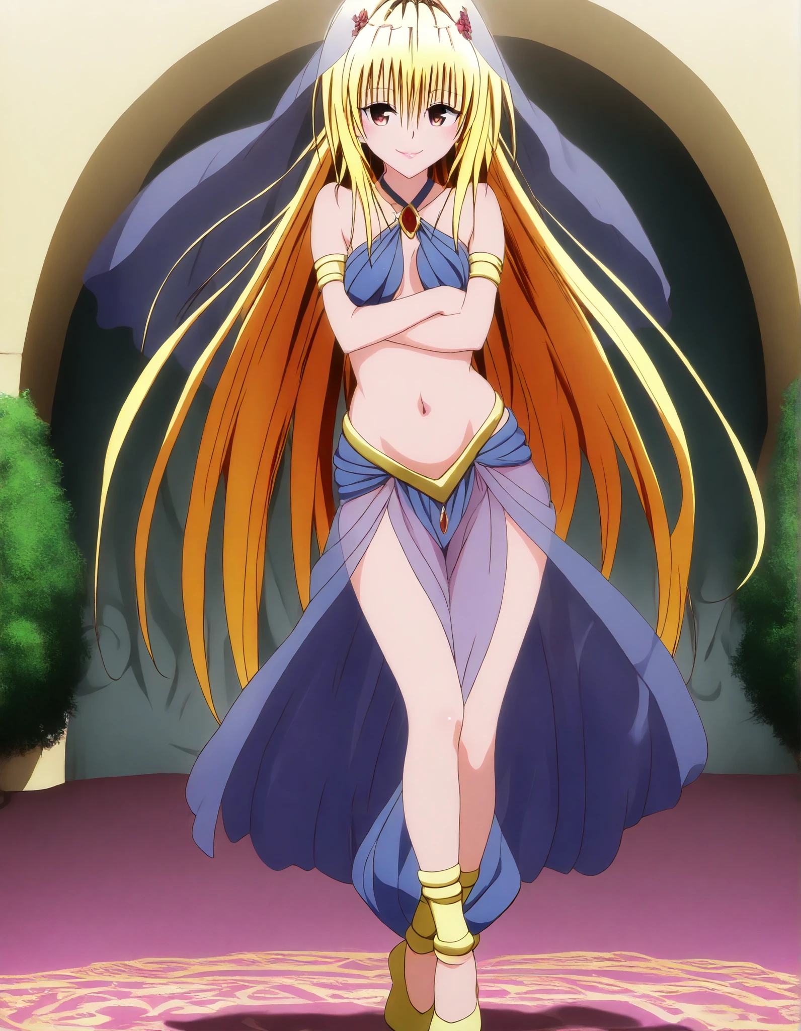 (1girl:1 . 5) , (Seul:1 . 5) , score_9 , score_8_haut , score_7_haut , source_anime , Official work  , ultra-detailed , masterpiece , best quality , high resolution , beaux yeux , detailed eyes , Detailed face , beautiful detailed eyes,brown eyes,yellow hair, long hair, red eyes, hair ornament, To Love Ru,Golden Darkness,Arabian Clothes , Arabian Dancer ,belly dancer costume,belly dancer outfit ,full body,golden jewelery,armlet, belly dancing,arabian garden,seductive smile, dancing with veil, dynamic movement,dance posture, seductive pose