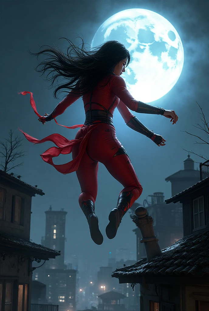 A surreal shot of a and female warrior crawling on the ground in a dramatic pose. She has long wavy black hair, fiery red lips and piercing eyes. She resembles Spider Woman. The woman is crawling towards the viewer, placed on the right side of the 16:9 widescreen frame, her body low to the ground. Her hands are on the ground and level. The background is an ancient stone corridor filled with fog with towering columns and a mystical blue light shining through the ceiling. Add light fog, deep shadows and cinematic contrast. The atmosphere is intense, mysterious and powerful.