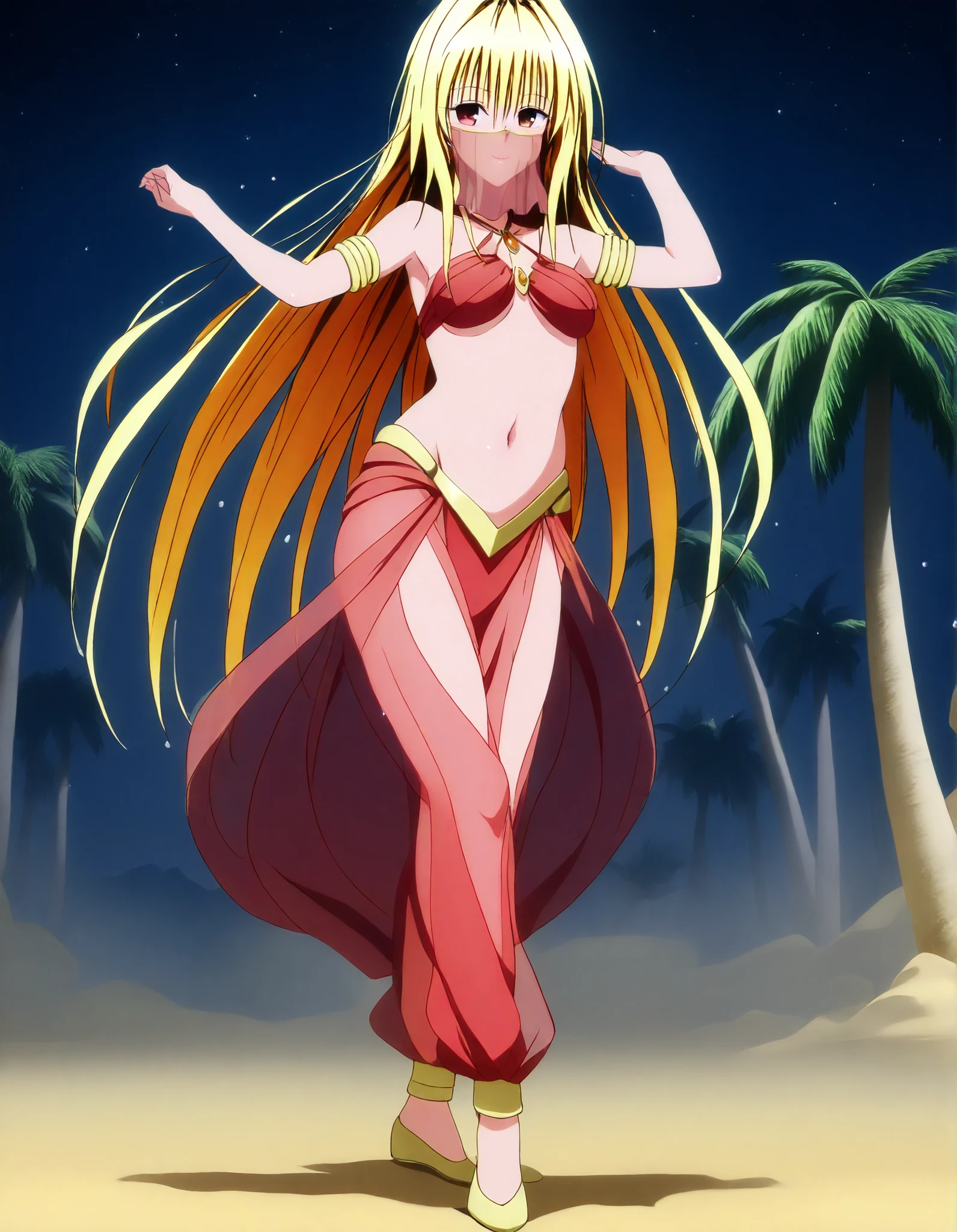 (1girl:1 . 5) , (Seul:1 . 5) , score_9 , score_8_haut , score_7_haut , source_anime , Official work  , ultra-detailed , masterpiece , best quality , high resolution , beaux yeux , detailed eyes , Detailed face , beautiful detailed eyes,brown eyes,yellow hair, long hair, red eyes, hair ornament, To Love Ru,Golden Darkness,Arabian Clothes , Arabian Dancer ,belly dancer costume,belly dancer outfit ,full body,golden jewelery,mouth veil,armlet, belly dancing,night,desert lands,palm tree,seductive smile, dancing with veil, dynamic movement,dance posture, seductive pose