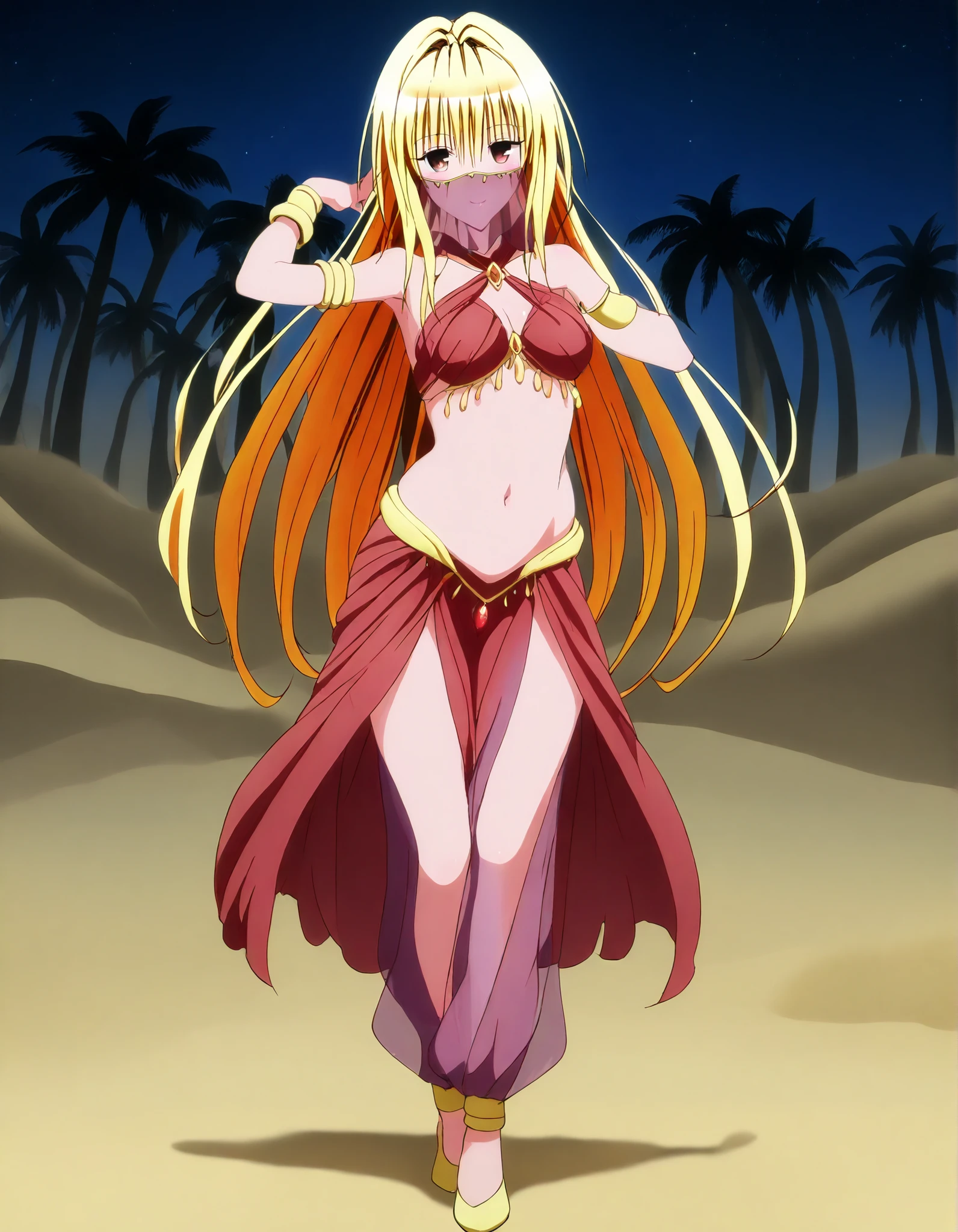 (1girl:1 . 5) , (Seul:1 . 5) , score_9 , score_8_haut , score_7_haut , source_anime , Official work , ultra-detailed , masterpiece , best quality , high resolution , beaux yeux , detailed eyes , Detailed face , beautiful detailed eyes,brown eyes,yellow hair, long hair, red eyes, hair ornament, To Love Ru,Golden Darkness,Arabian Clothes , Arabian Dancer ,belly dancer costume,belly dancer outfit ,full body,golden jewelery,mouth veil,armlet, belly dancing,night,desert lands,palm tree,seductive smile, dancing with veil, dynamic movement,dance posture, seductive pose