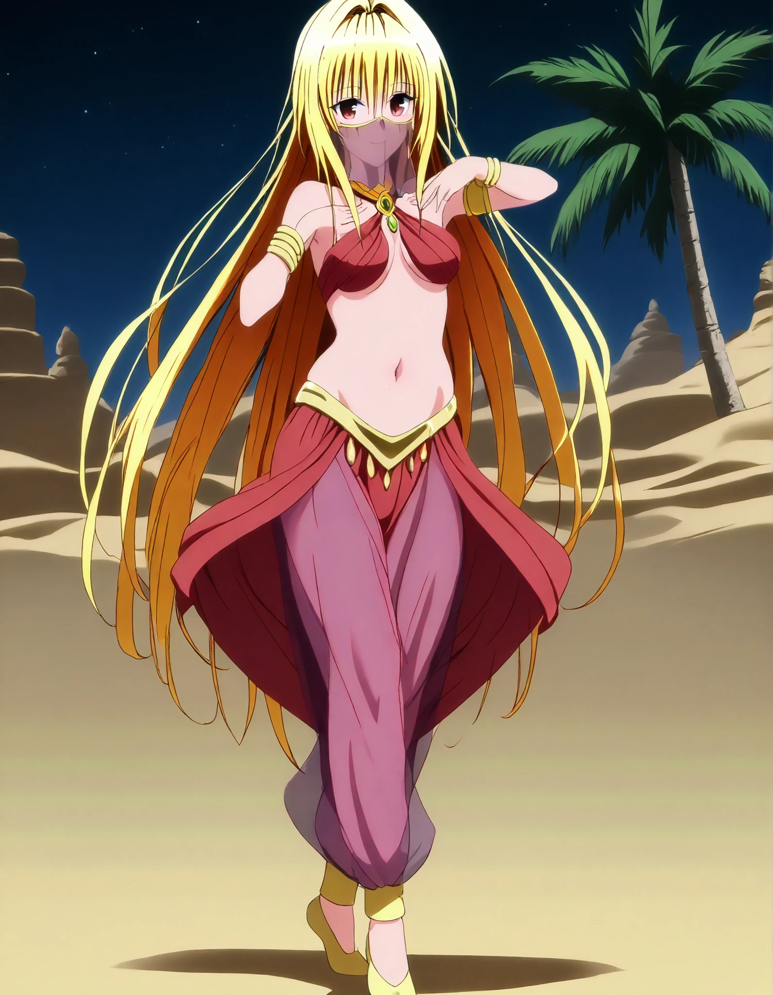 (1girl:1 . 5) , (Seul:1 . 5) , score_9 , score_8_haut , score_7_haut , source_anime , Official work , ultra-detailed , masterpiece , best quality , high resolution , beaux yeux , detailed eyes , Detailed face , beautiful detailed eyes,brown eyes,yellow hair, long hair, red eyes, hair ornament, To Love Ru,Golden Darkness,Arabian Clothes , Arabian Dancer ,belly dancer costume,belly dancer outfit ,full body,golden jewelery,mouth veil,armlet, belly dancing,night,desert lands,palm tree,seductive smile, dancing with veil, dynamic movement,dance posture, seductive pose