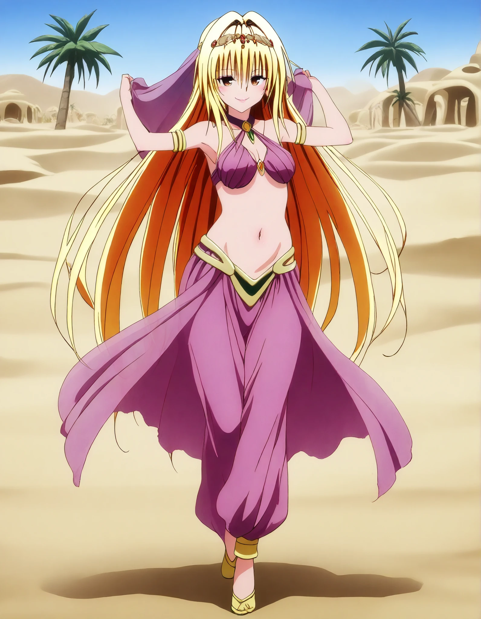 (1girl:1 . 5) , (Seul:1 . 5) , score_9 , score_8_haut , score_7_haut , source_anime , Official work  , ultra-detailed , masterpiece , best quality , high resolution , beaux yeux , detailed eyes , Detailed face , beautiful detailed eyes,brown eyes,yellow hair, long hair, red eyes, hair ornament, To Love Ru,Golden Darkness,Arabian Clothes , Arabian Dancer ,belly dancer costume,belly dancer outfit ,full body,golden jewelery,armlet, belly dancing,desert lands,palm tree,seductive smile, dancing with veil, dynamic movement,dance posture, seductive pose