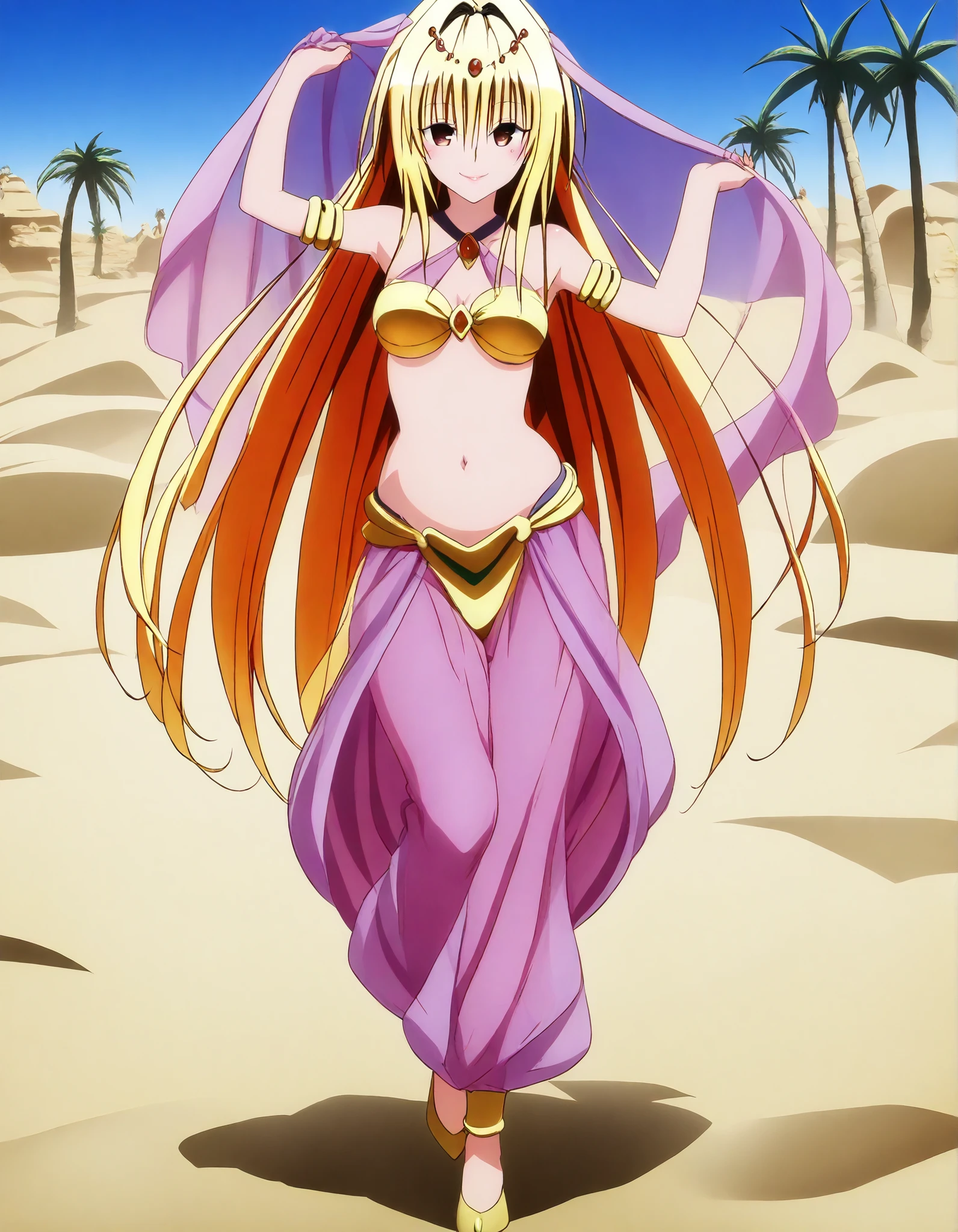 (1girl:1 . 5) , (Seul:1 . 5) , score_9 , score_8_haut , score_7_haut , source_anime , Official work  , ultra-detailed , masterpiece , best quality , high resolution , beaux yeux , detailed eyes , Detailed face , beautiful detailed eyes,brown eyes,yellow hair, long hair, red eyes, hair ornament, To Love Ru,Golden Darkness,Arabian Clothes , Arabian Dancer ,belly dancer costume,belly dancer outfit ,full body,golden jewelery,armlet, belly dancing,desert lands,palm tree,seductive smile, dancing with veil, dynamic movement,dance posture, seductive pose