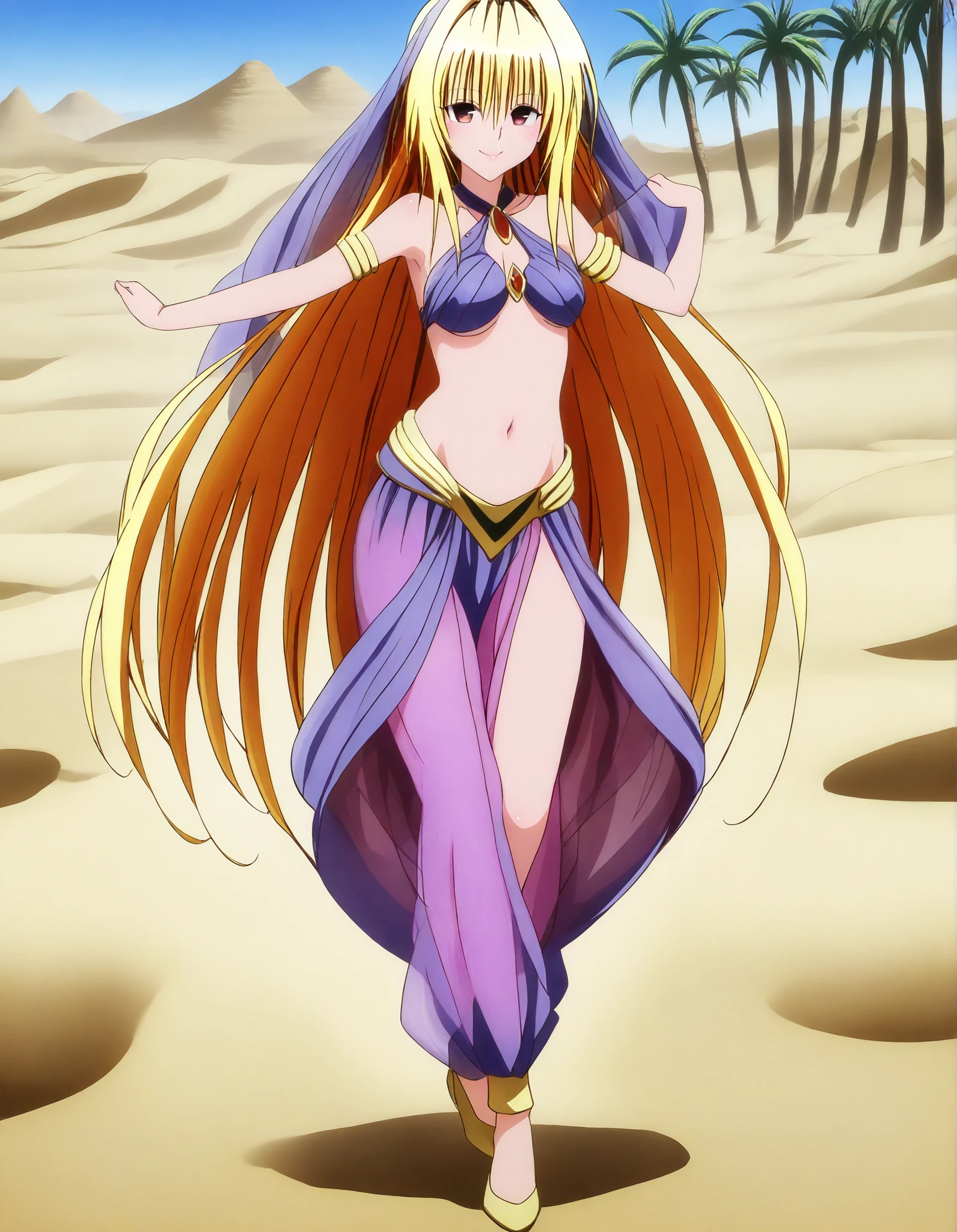 (1girl:1 . 5) , (Seul:1 . 5) , score_9 , score_8_haut , score_7_haut , source_anime , Official work  , ultra-detailed , masterpiece , best quality , high resolution , beaux yeux , detailed eyes , Detailed face , beautiful detailed eyes,brown eyes,yellow hair, long hair, red eyes, hair ornament, To Love Ru,Golden Darkness,Arabian Clothes , Arabian Dancer ,belly dancer costume,belly dancer outfit ,full body,golden jewelery,armlet, belly dancing,desert lands,palm tree,seductive smile, dancing with veil, dynamic movement,dance posture, seductive pose