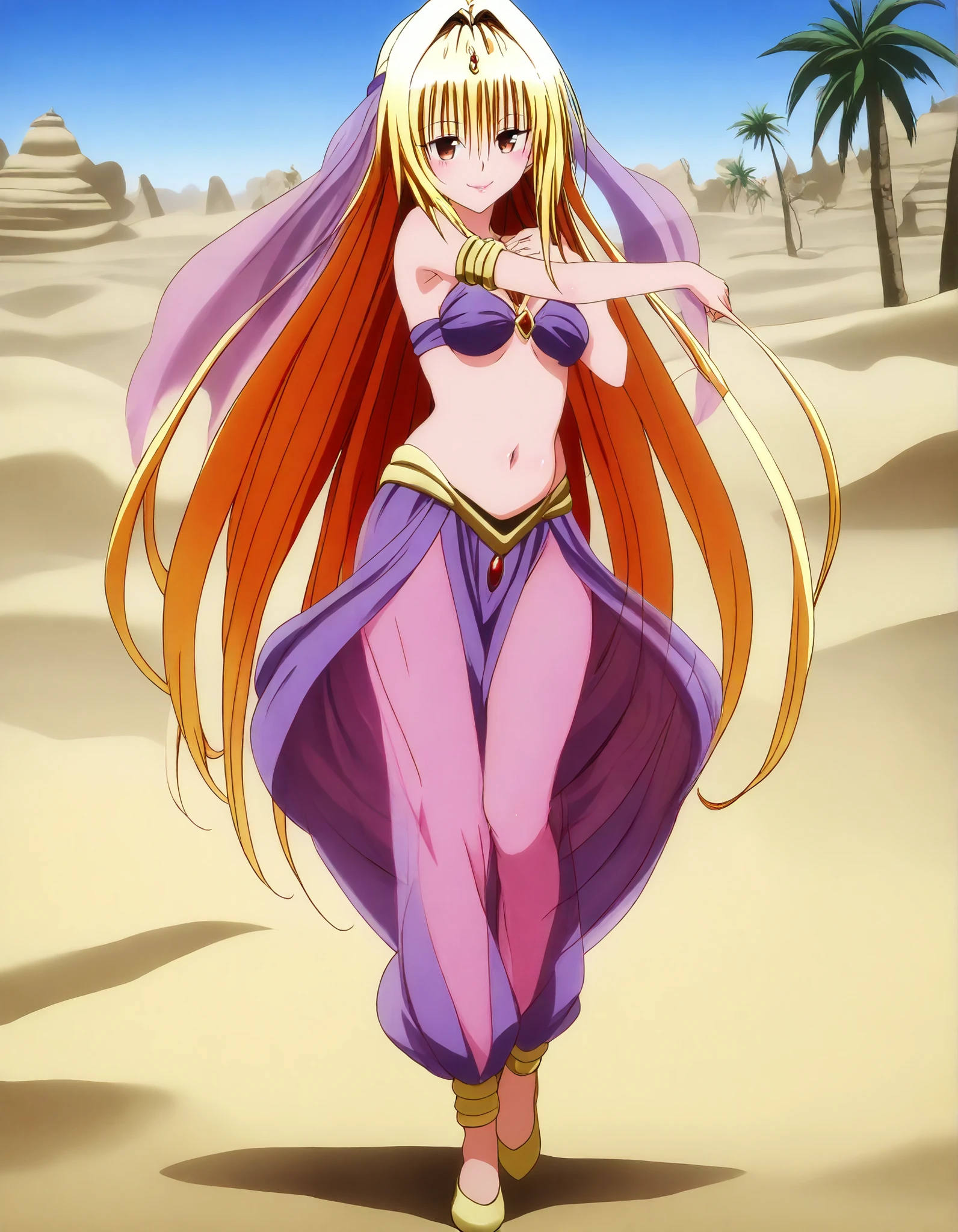 (1girl:1 . 5) , (Seul:1 . 5) , score_9 , score_8_haut , score_7_haut , source_anime , Official work  , ultra-detailed , masterpiece , best quality , high resolution , beaux yeux , detailed eyes , Detailed face , beautiful detailed eyes,brown eyes,yellow hair, long hair, red eyes, hair ornament, To Love Ru,Golden Darkness,Arabian Clothes , Arabian Dancer ,belly dancer costume,belly dancer outfit ,full body,golden jewelery,armlet, belly dancing,desert lands,palm tree,seductive smile, dancing with veil, dynamic movement,dance posture, seductive pose